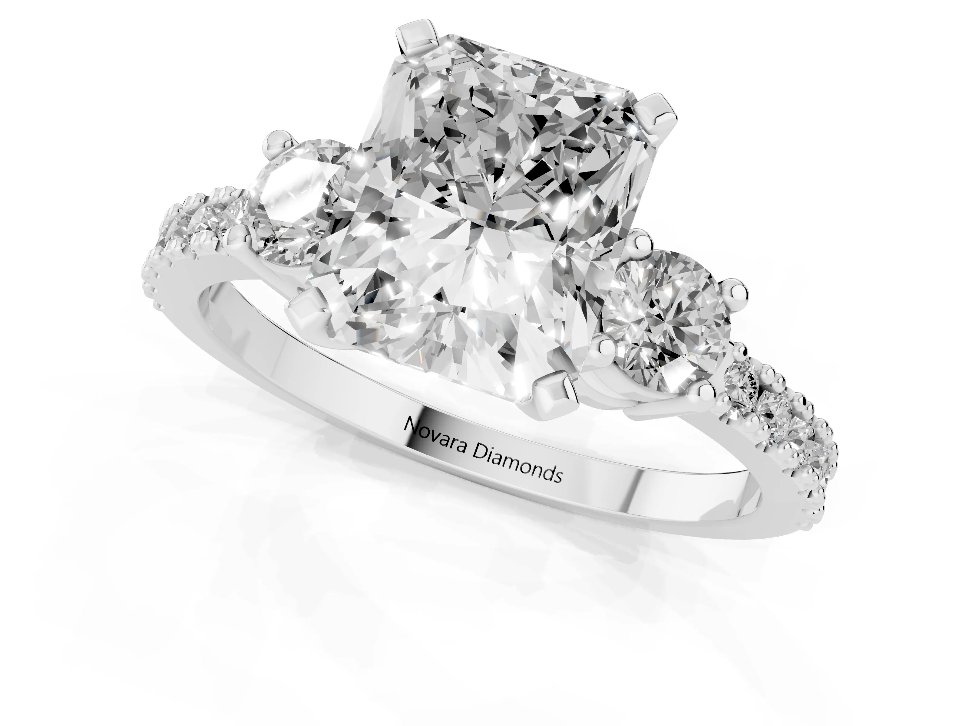 Three-Stone Radiant Cut Diamond Pavé Band Ring Set in Platinum with Prong Setting