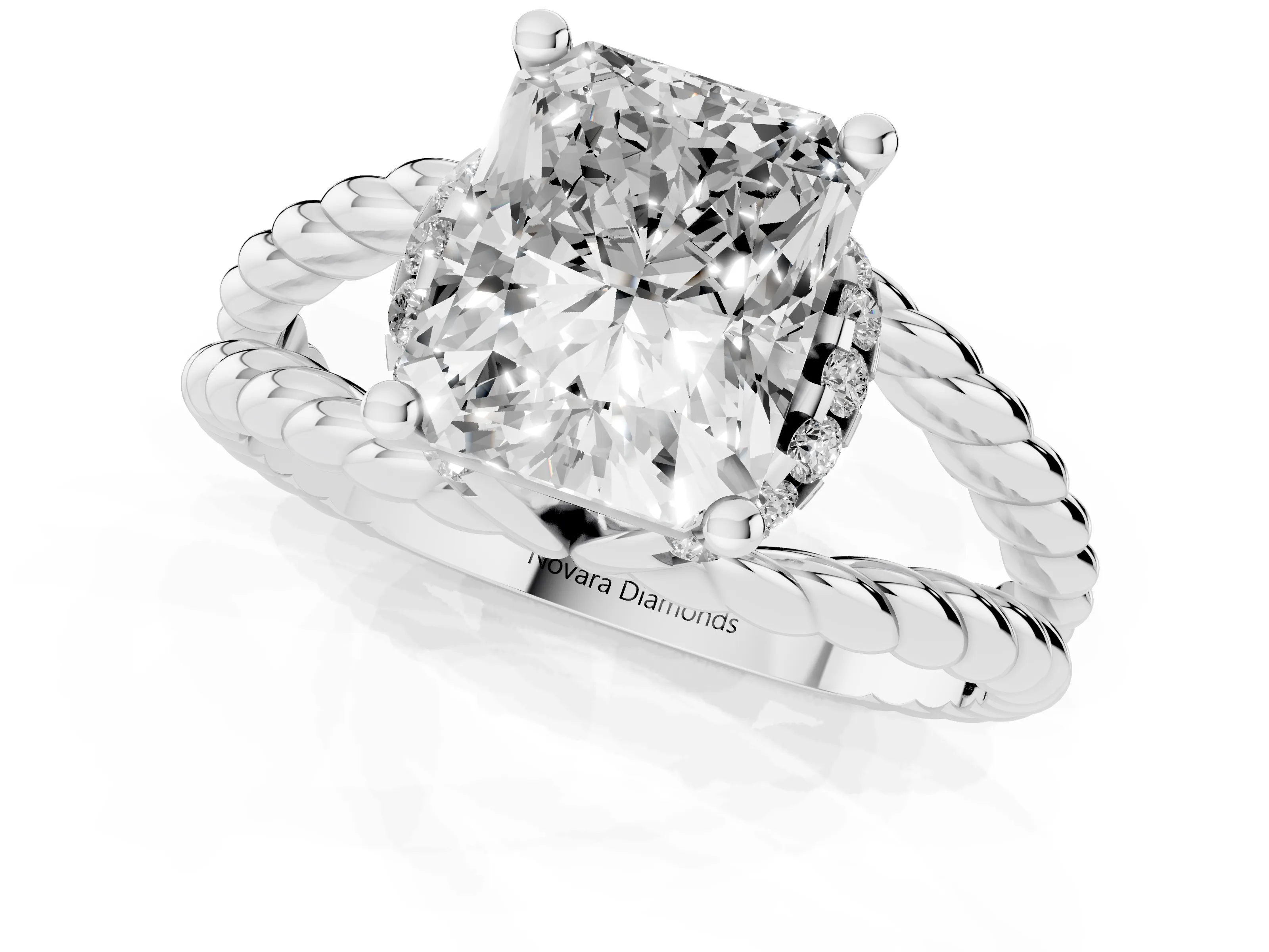Radiant Cut Diamond Halo Ring Set in White gold with Twisted Band and Prong Setting