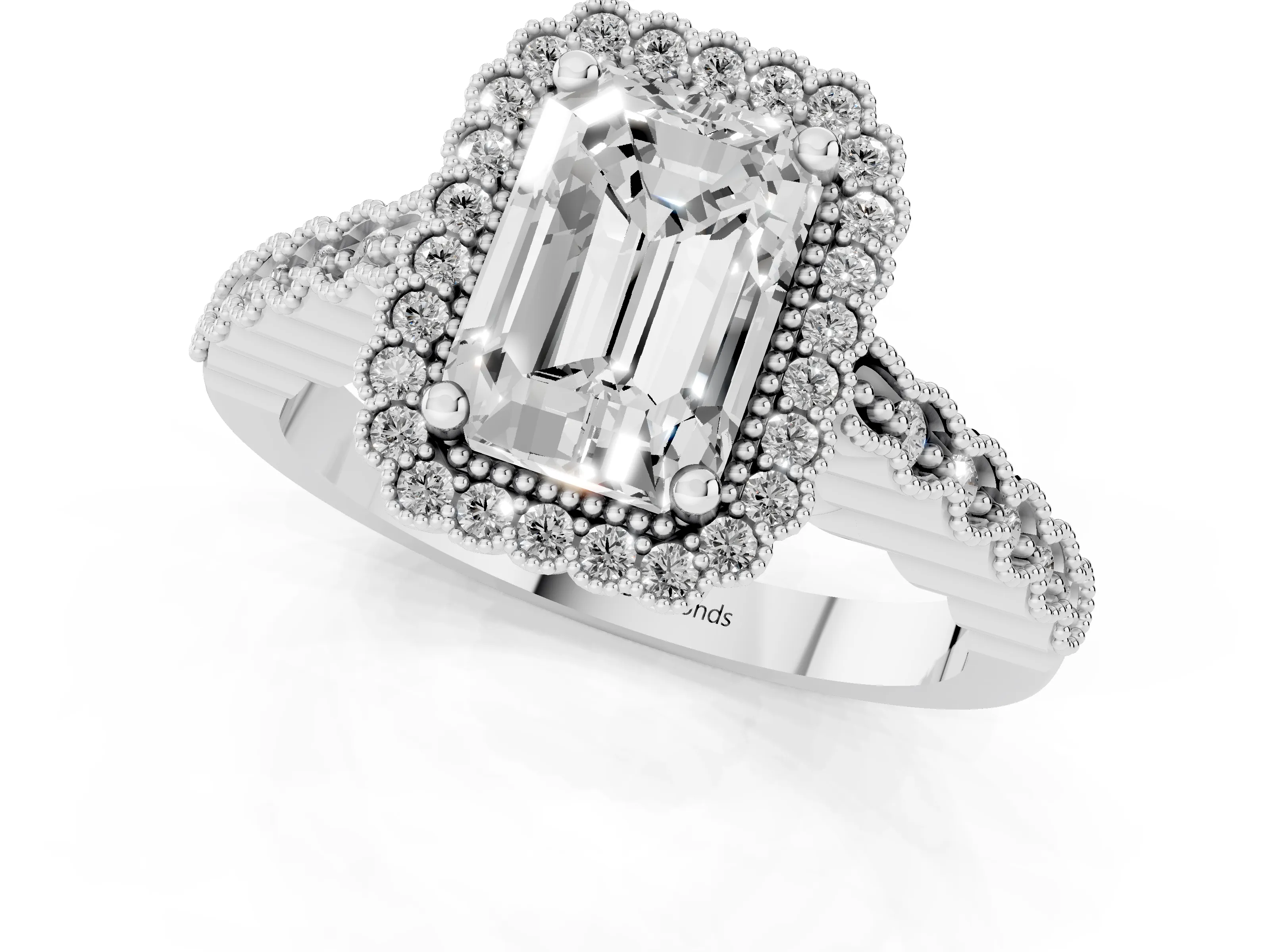 Radiant Cut Diamond Halo Ring Set in Platinum with Pavé Milgrain Band