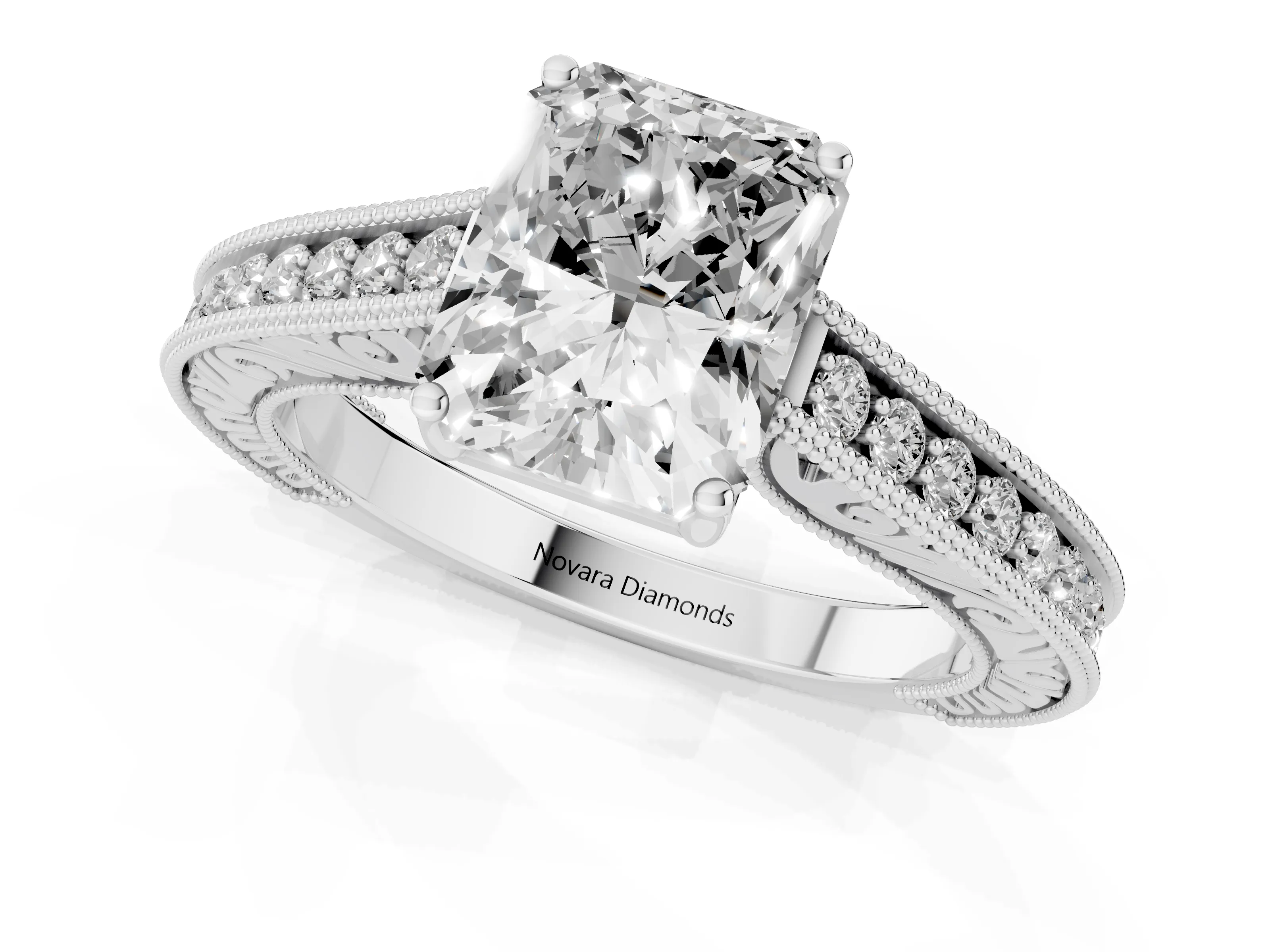 Radiant Cut Diamond Milgrain Pavé Band Solitaire Ring Set in Platinum with Prong Setting