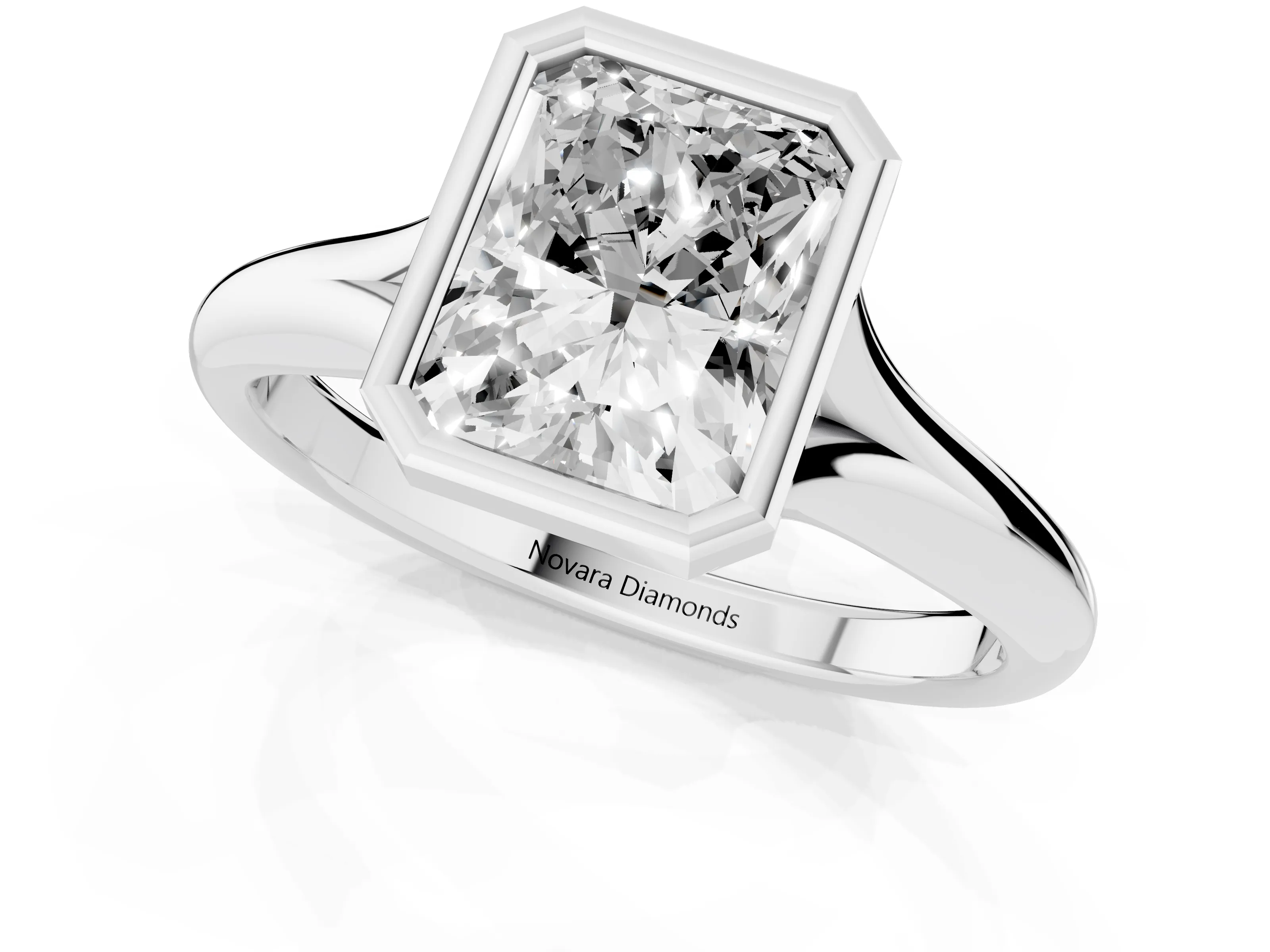 Bezel Set Radiant Cut Diamond Solitaire Ring Set in Platinum with Smooth Band