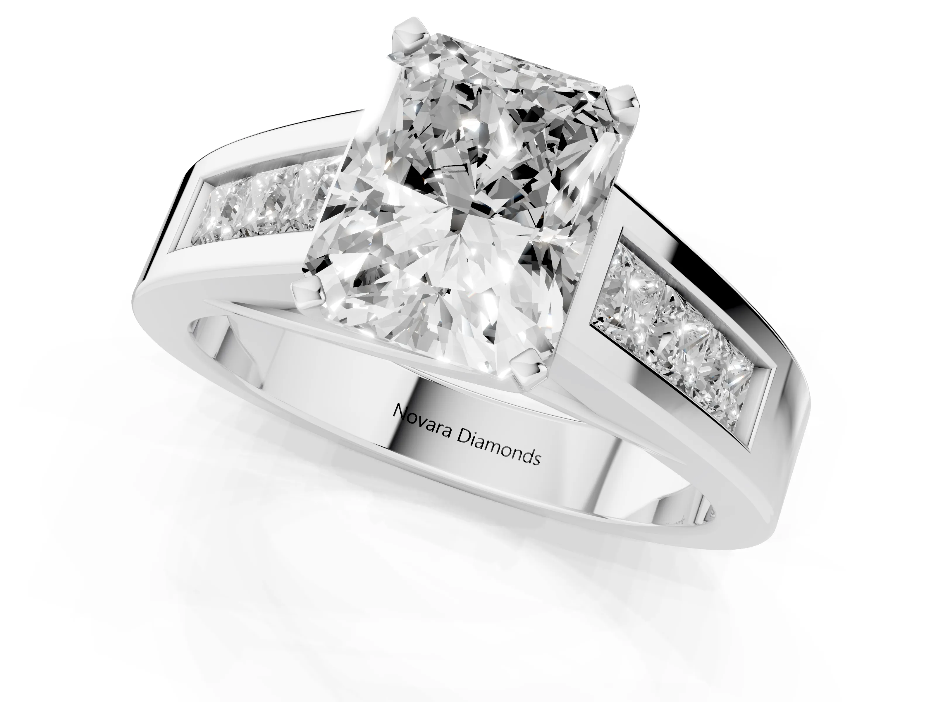 Radiant Cut Diamond Solitaire Ring Set in Silver with Channel-Set Accent Stones and Prong Setting