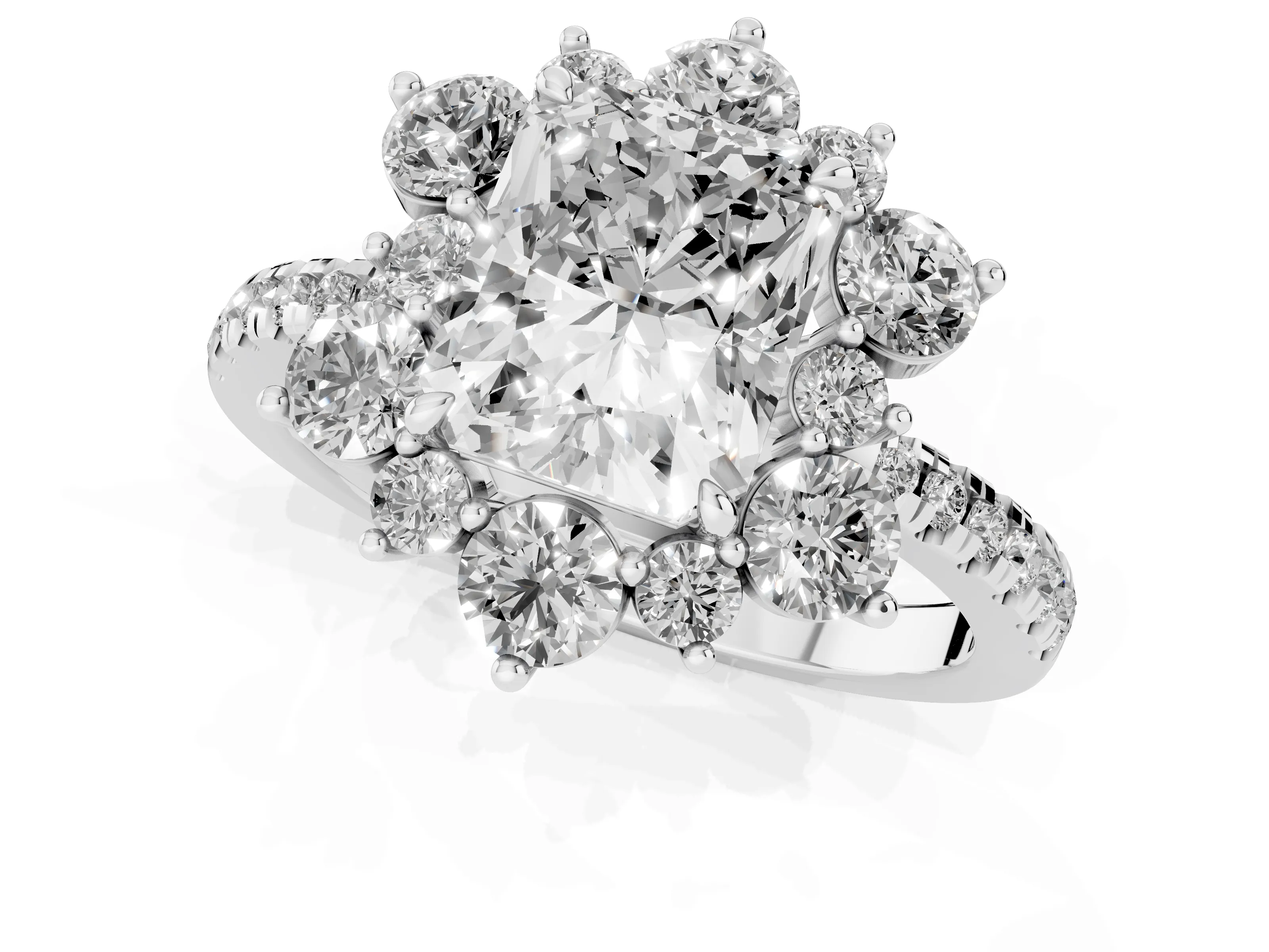 Radiant Cut Diamond Floral Halo Ring Set in Platinum with Round Pavé Band and Prong Setting