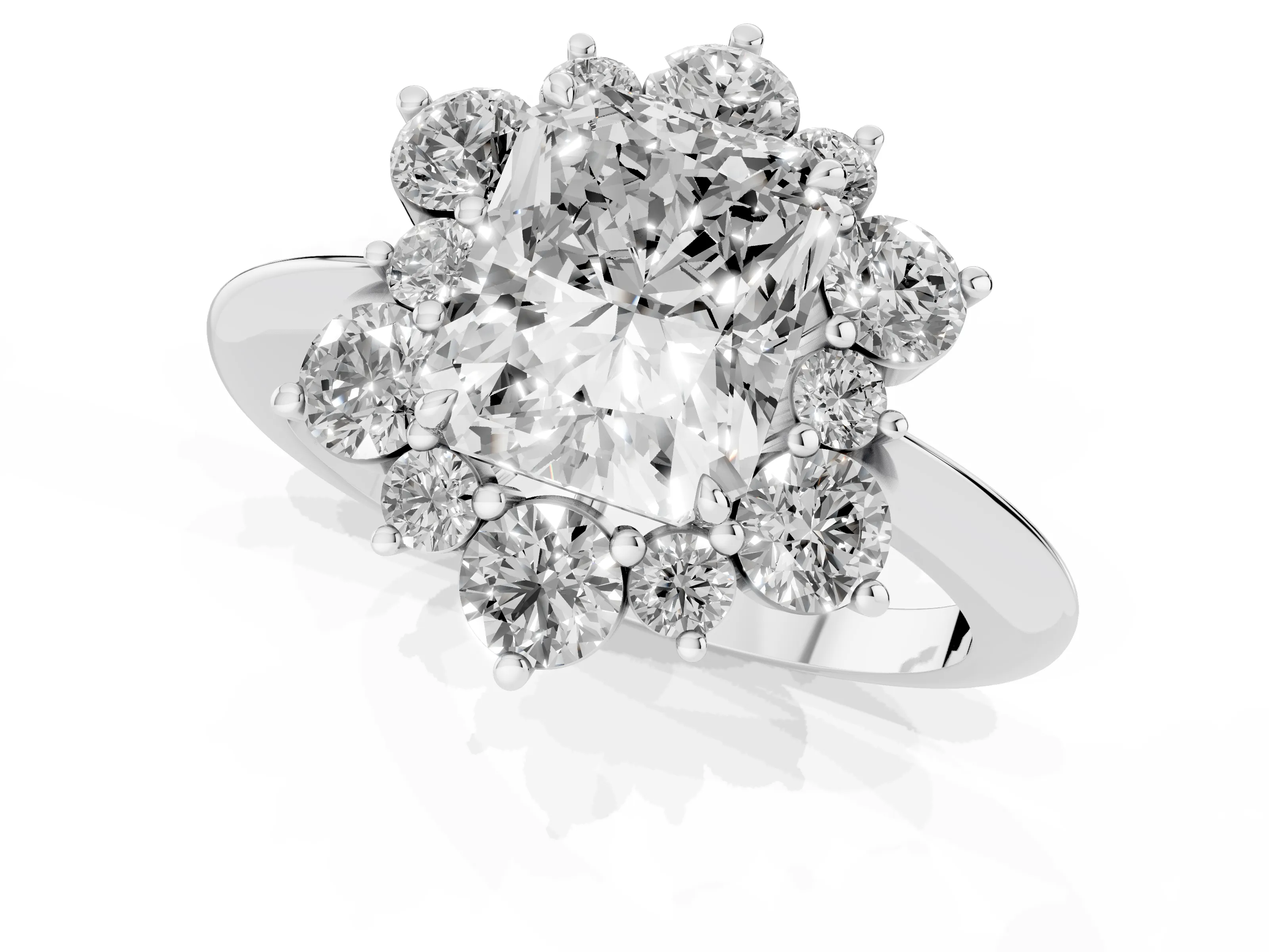 Radiant Cut Diamond Cluster Halo Ring Set in White gold with Solitaire Band and Prong Setting – second view
