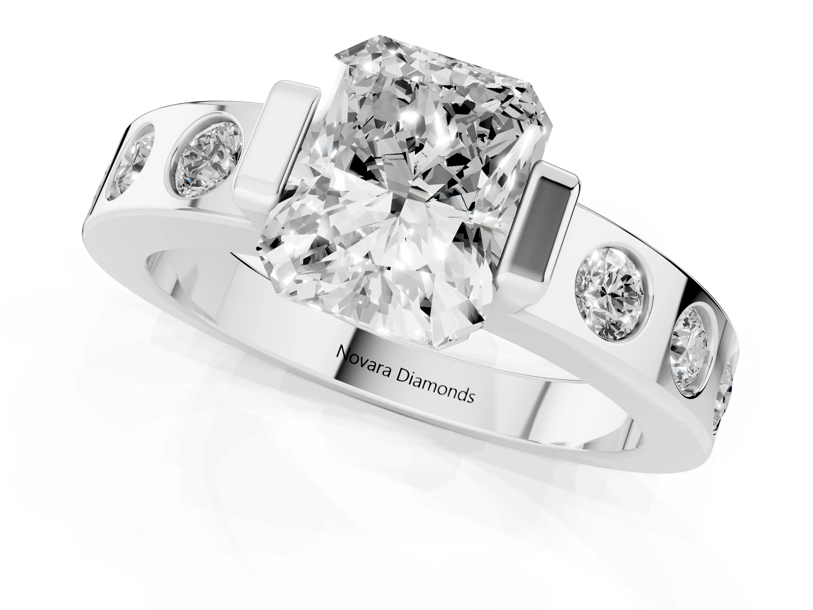 Radiant Cut Diamond Channel-Set Band Ring Set in White gold with Bezel Prong Setting