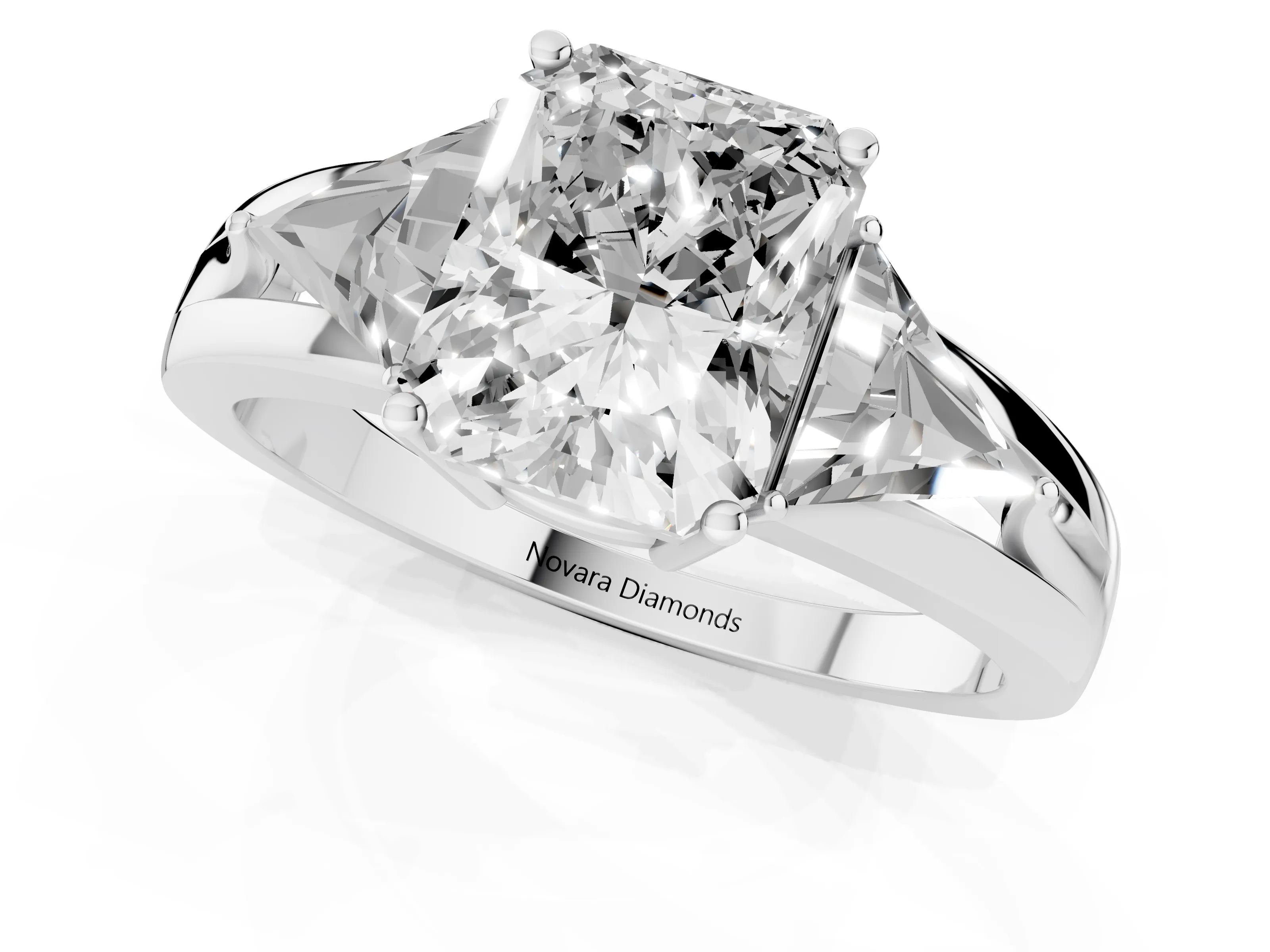 Radiant Cut Diamond Three-Stone Ring Set in Platinum with Trillion Side Stones and Split Shank