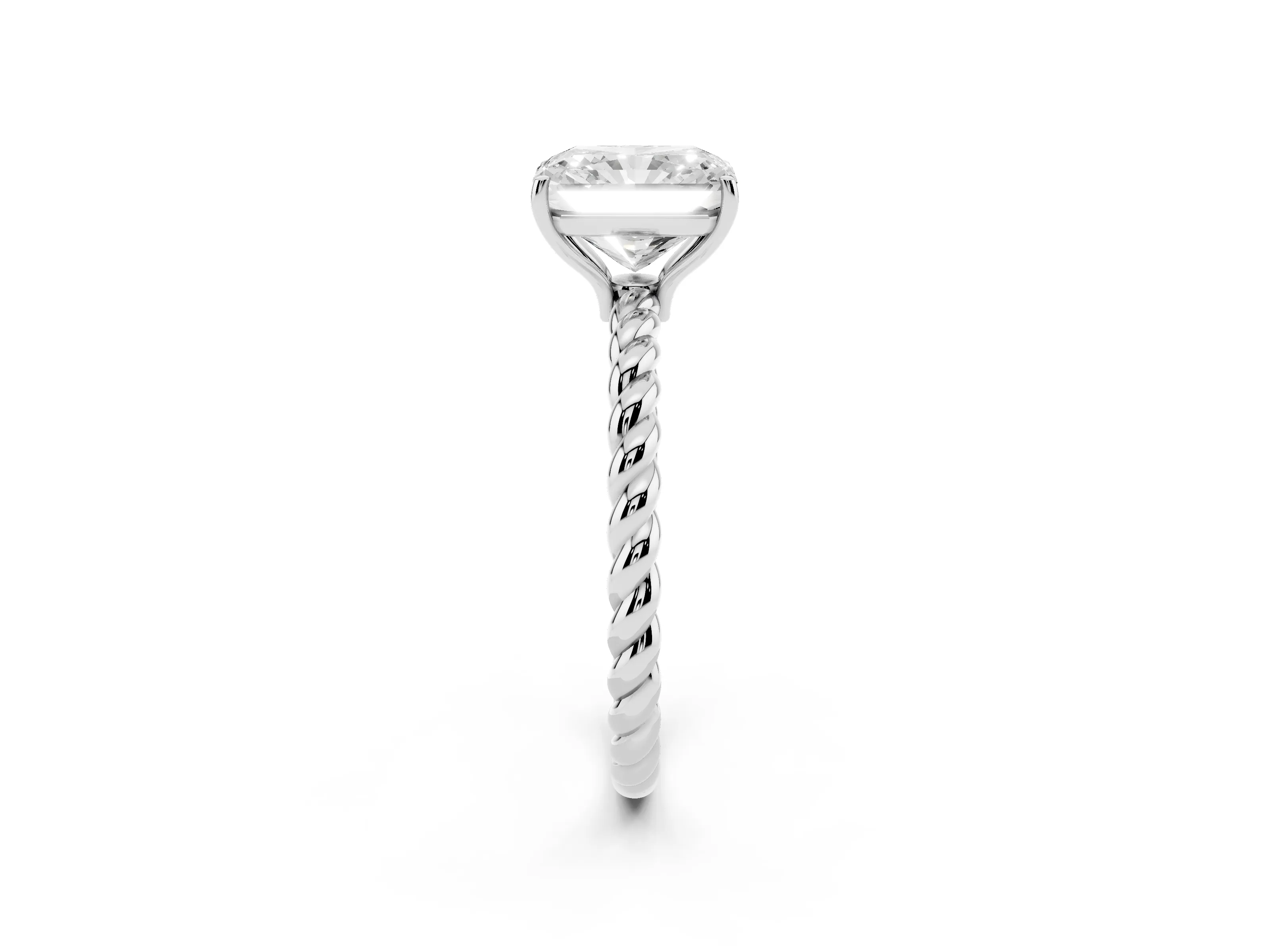 Radiant Cut Diamond Solitaire Ring Set in White gold with Twist Band and Prong Setting