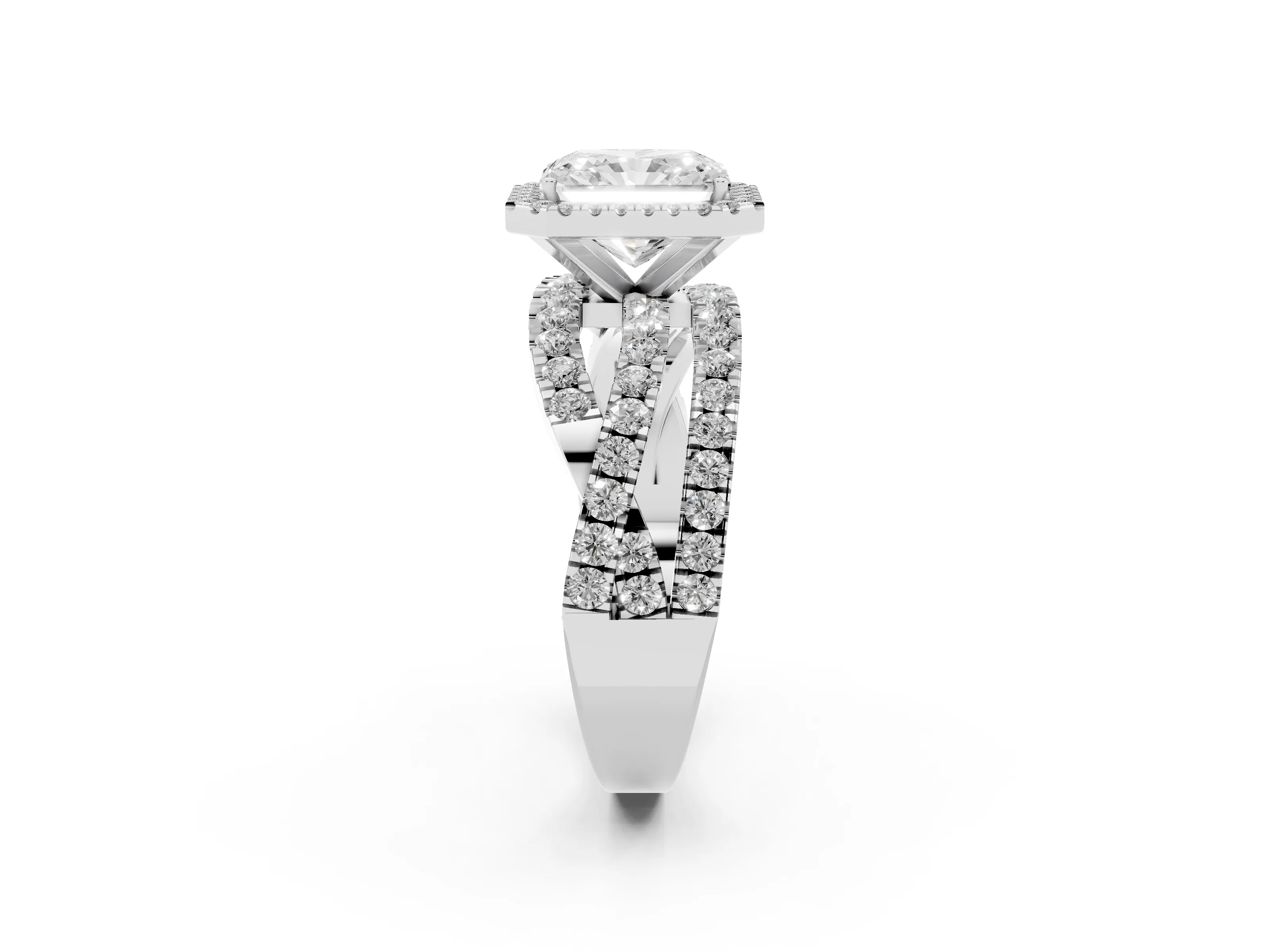 Radiant Cut Diamond Halo Ring Set in Platinum with Round Crossover Split Shank and Prong Setting