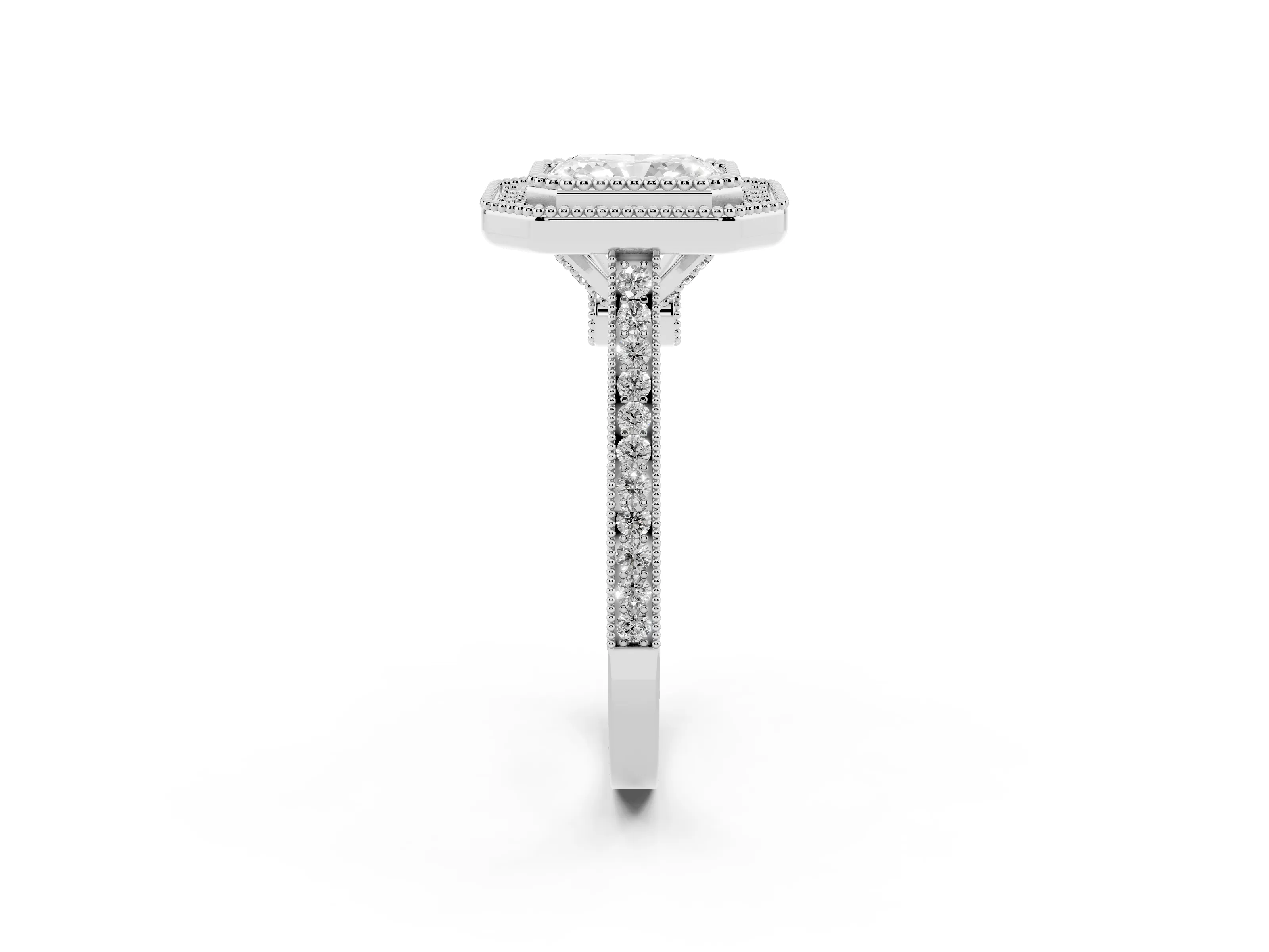 Radiant Cut Diamond Halo Ring Set in White gold with Milgrain Frame and Pavé Band
