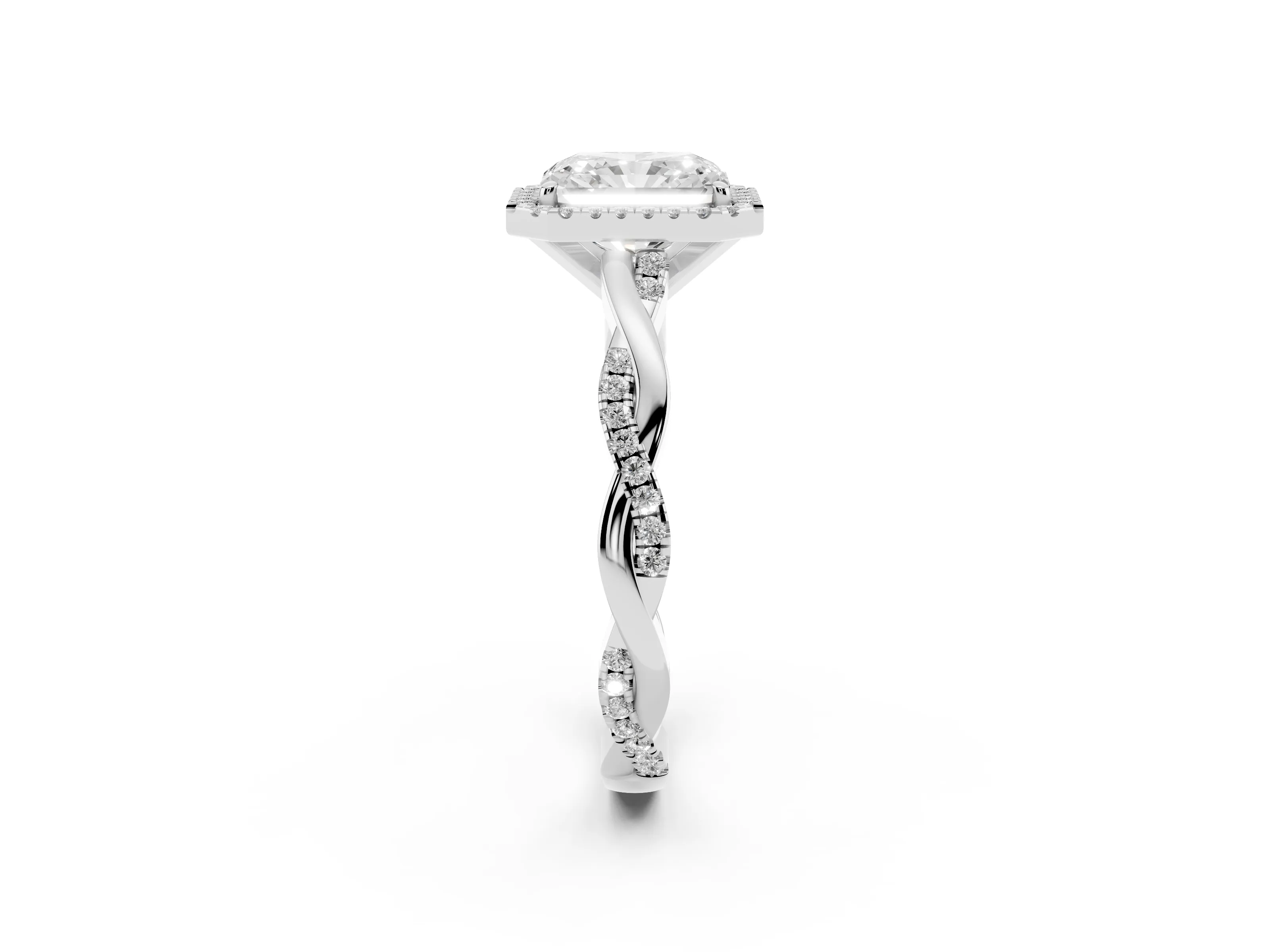Radiant Cut Diamond Halo Twisted Band Ring Set in Platinum with Prong Setting