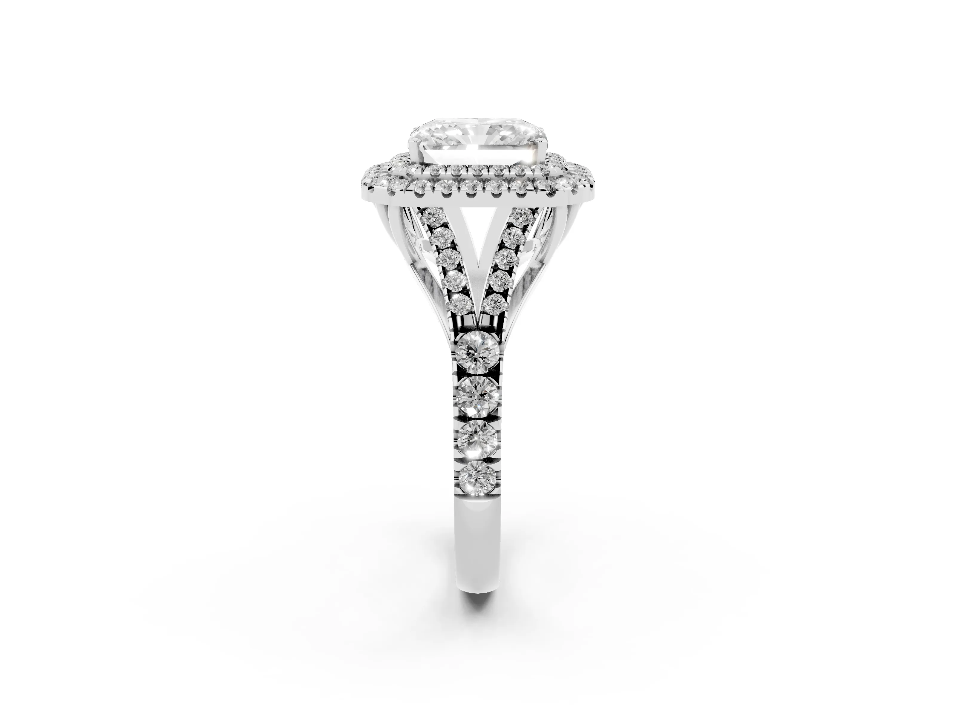 Radiant Cut Diamond Pavé Split Shank Double Halo Engagement Ring Set in White gold
