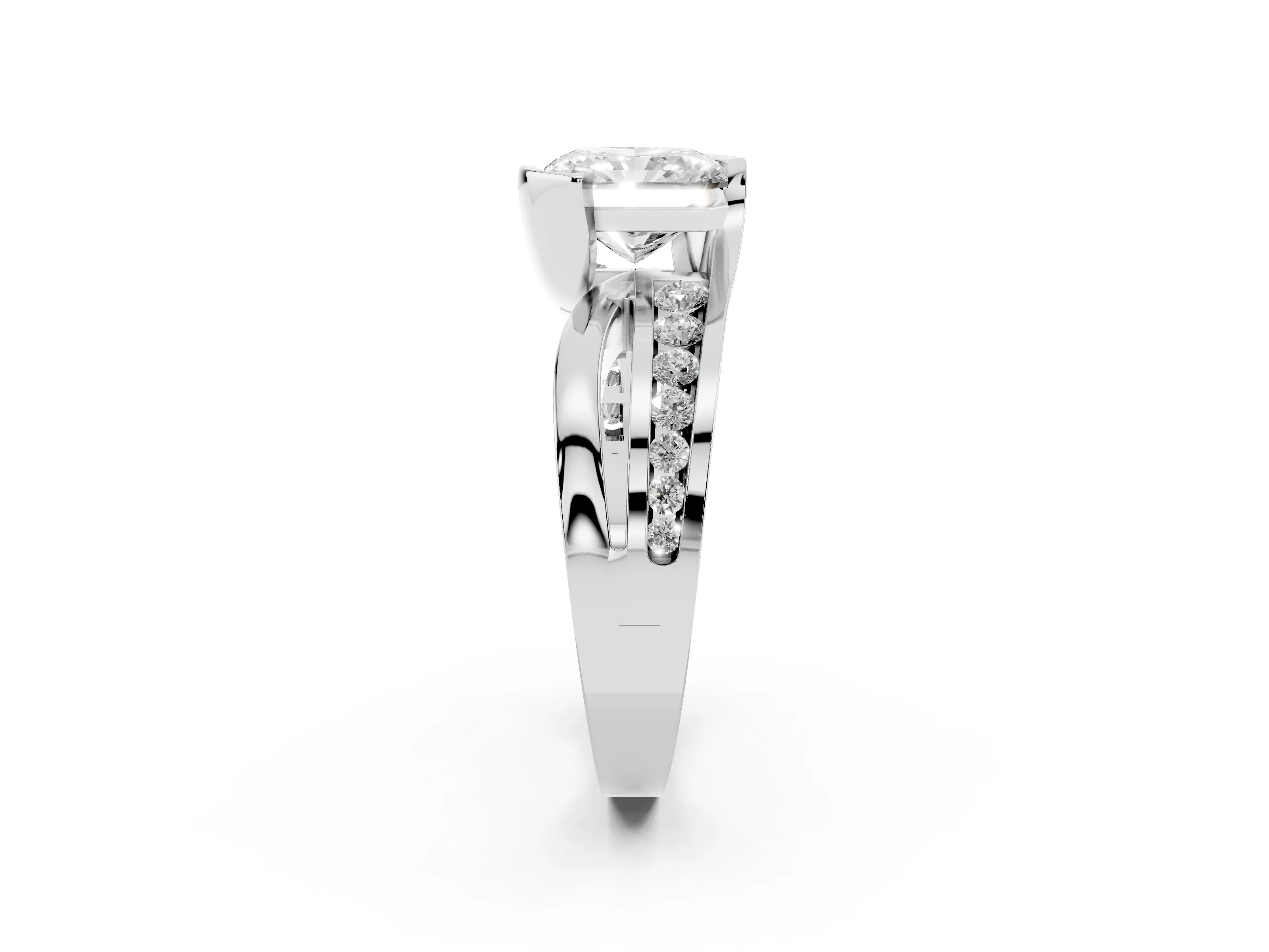 Radiant Cut Diamond Solitaire Ring Set in Platinum with Channel Set Split Shank and Tension Prongs