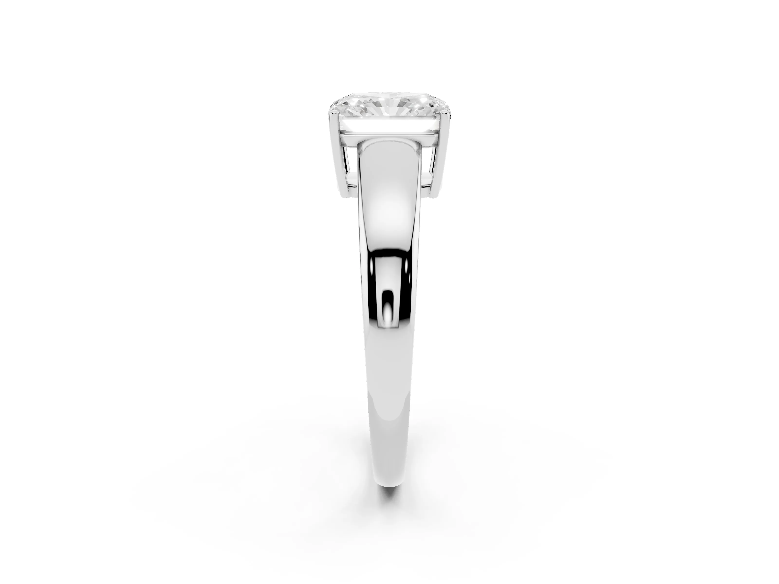Radiant Cut Diamond Solitaire Ring Set in White gold with Tapered Band and Prong Setting