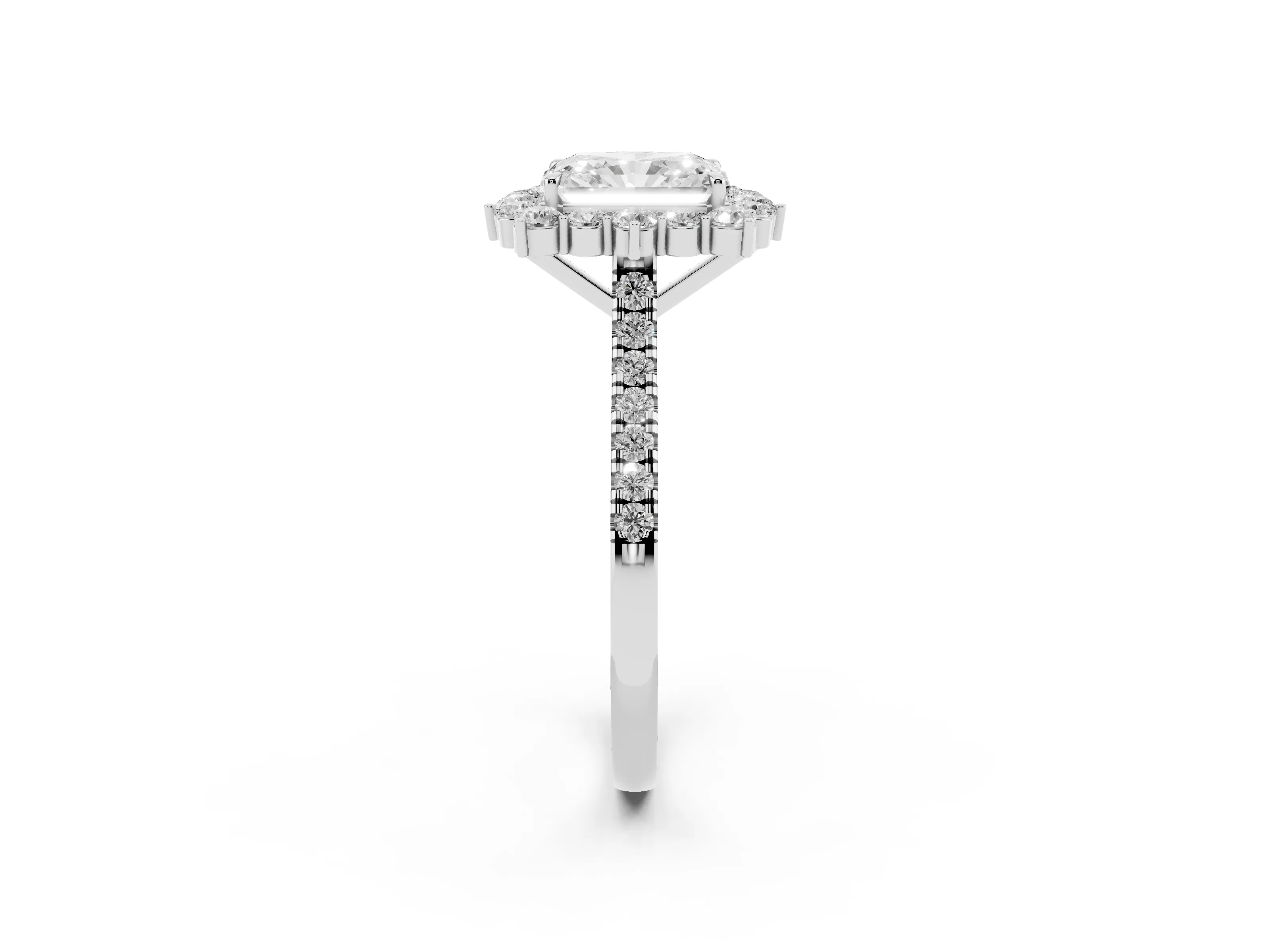 Radiant Cut Diamond Halo Ring Set in Silver with Pavé Band and Prong Setting