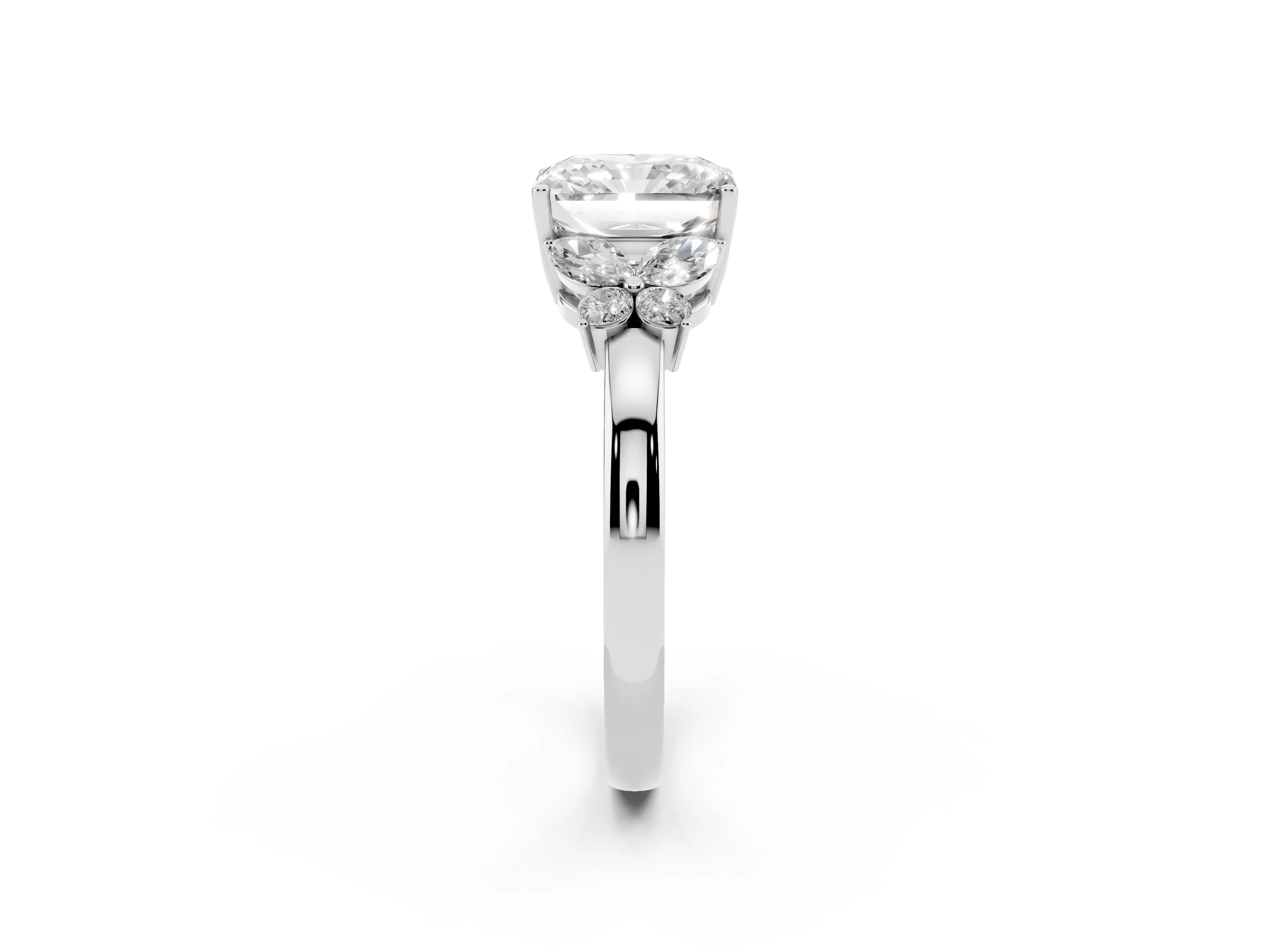 Radiant Cut Diamond Solitaire Floral Ring Set in White gold with Marquise Petals and Prong Setting