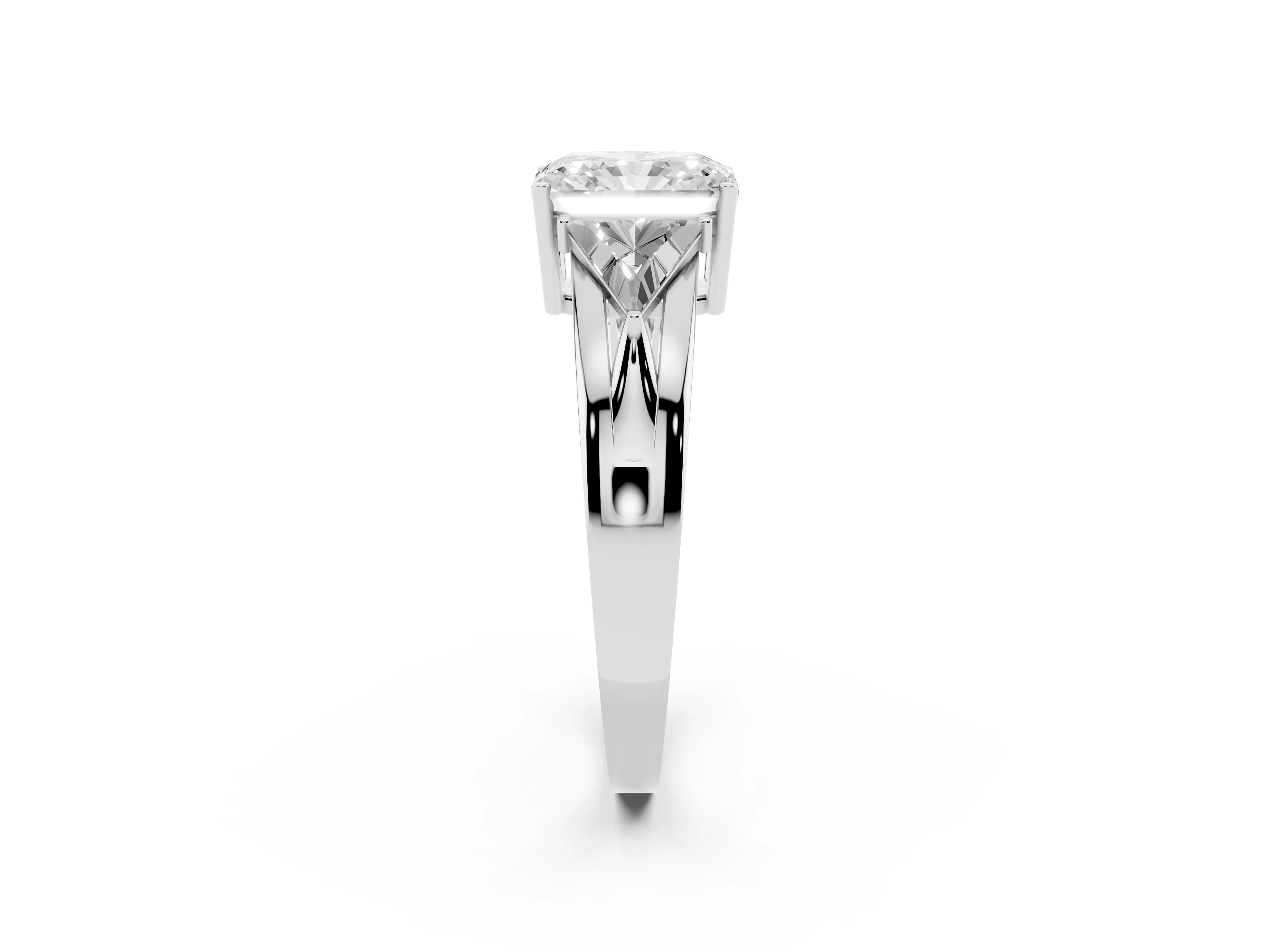 Radiant Cut Diamond Three-Stone Ring Set in Platinum with Trillion Side Stones and Split Shank