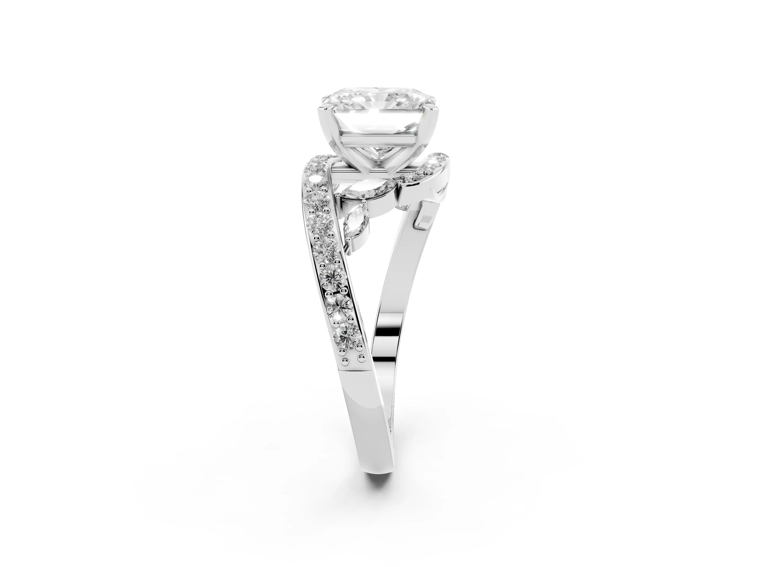 Radiant Cut Diamond Solitaire Ring Set in White gold with Pavé Twist Band and Secure Prong Setting