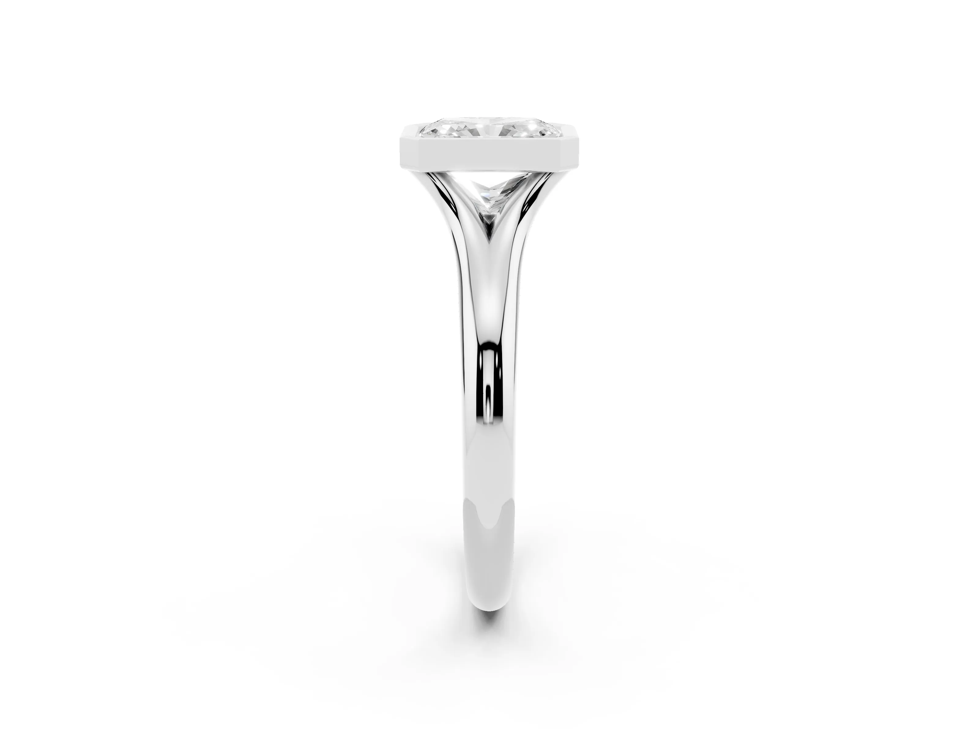 Bezel Set Radiant Cut Diamond Solitaire Ring Set in Platinum with Smooth Band