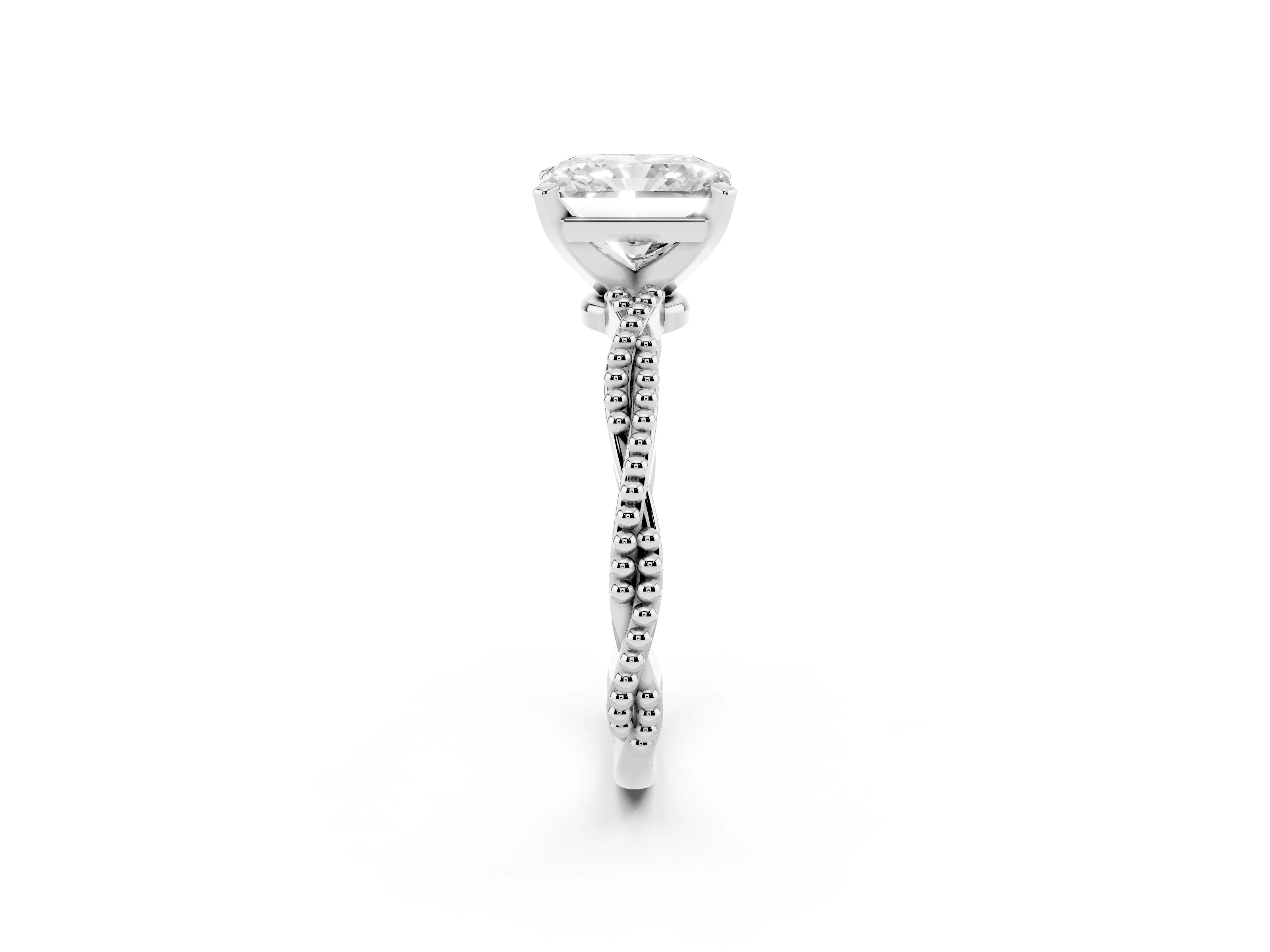 Radiant Cut Diamond Solitaire Ring Set in Platinum with Twisted Band and Bead Prong Setting