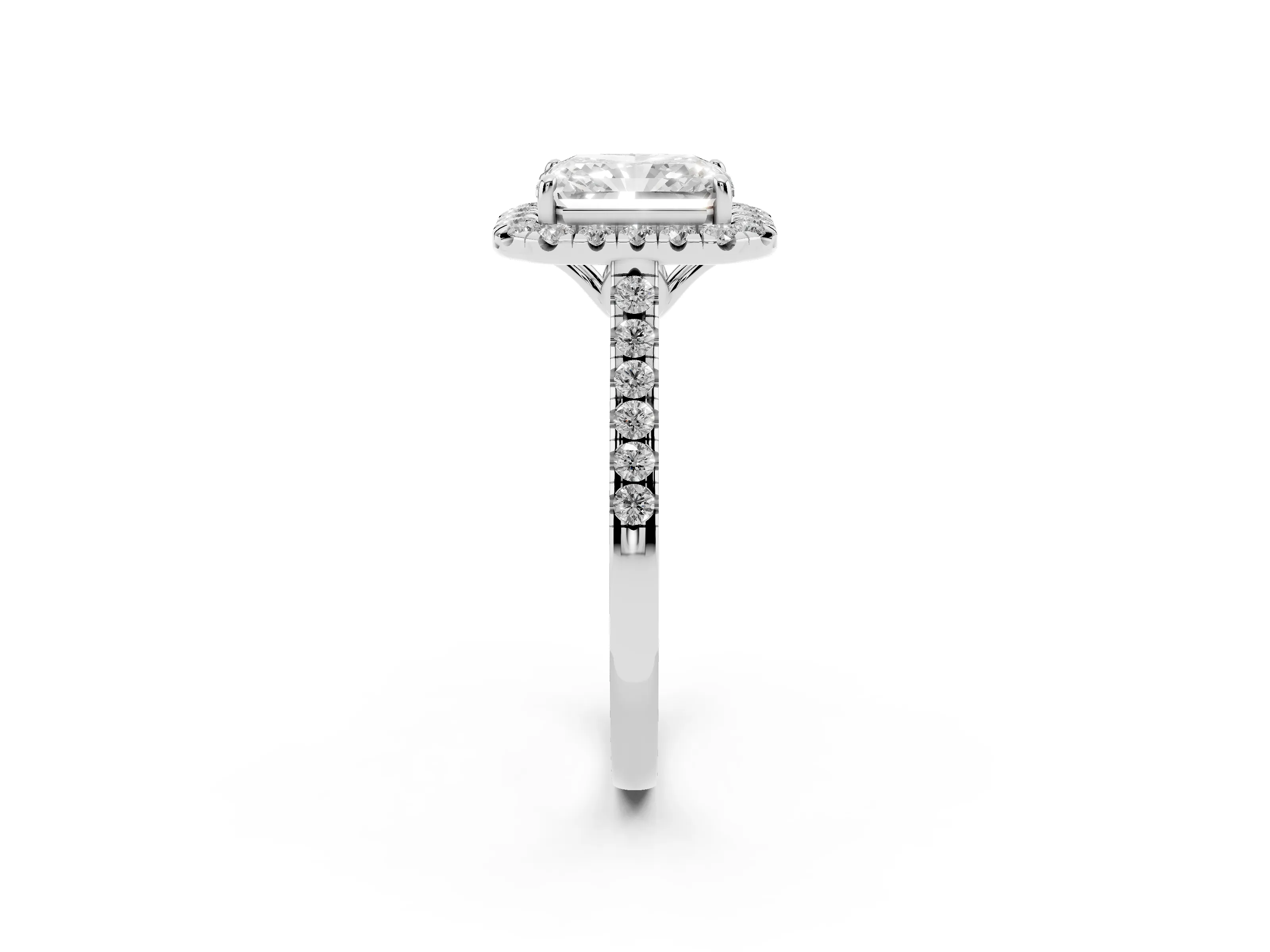 Radiant Cut Diamond Pavé Halo Engagement Ring Set in White gold with Pavé Band and Prong Setting