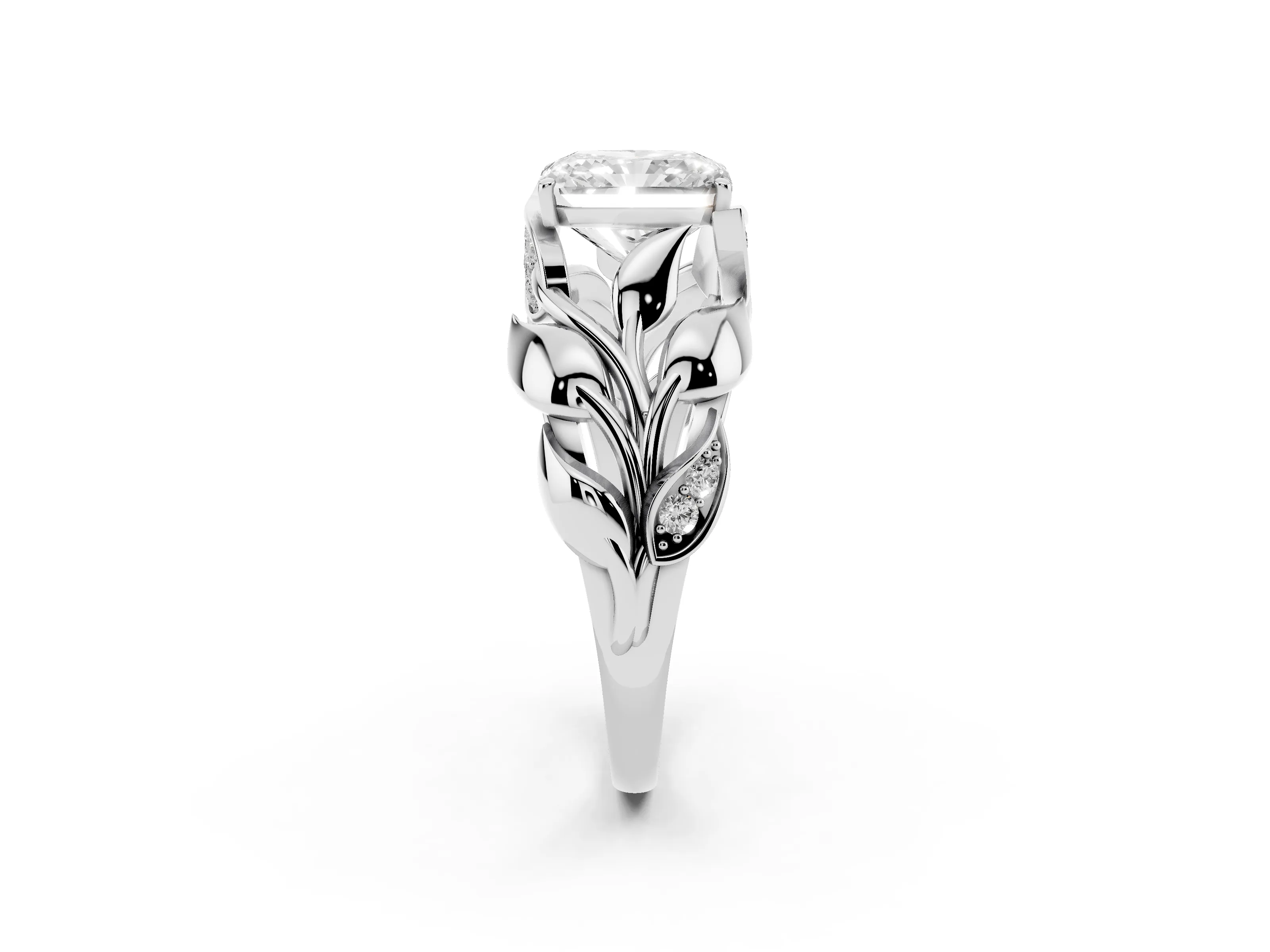 Radiant Cut Diamond Leaf-Inspired Engagement Ring Set in Silver with Round Accents