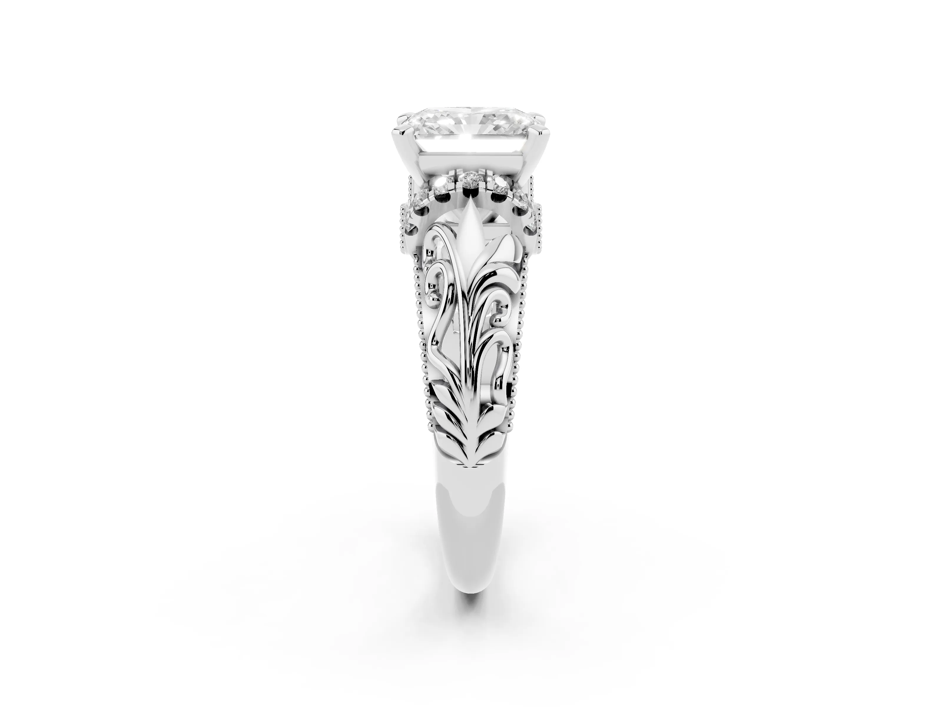 Radiant Cut Diamond Filigree Halo Engagement Ring Set in Silver with Prong Setting