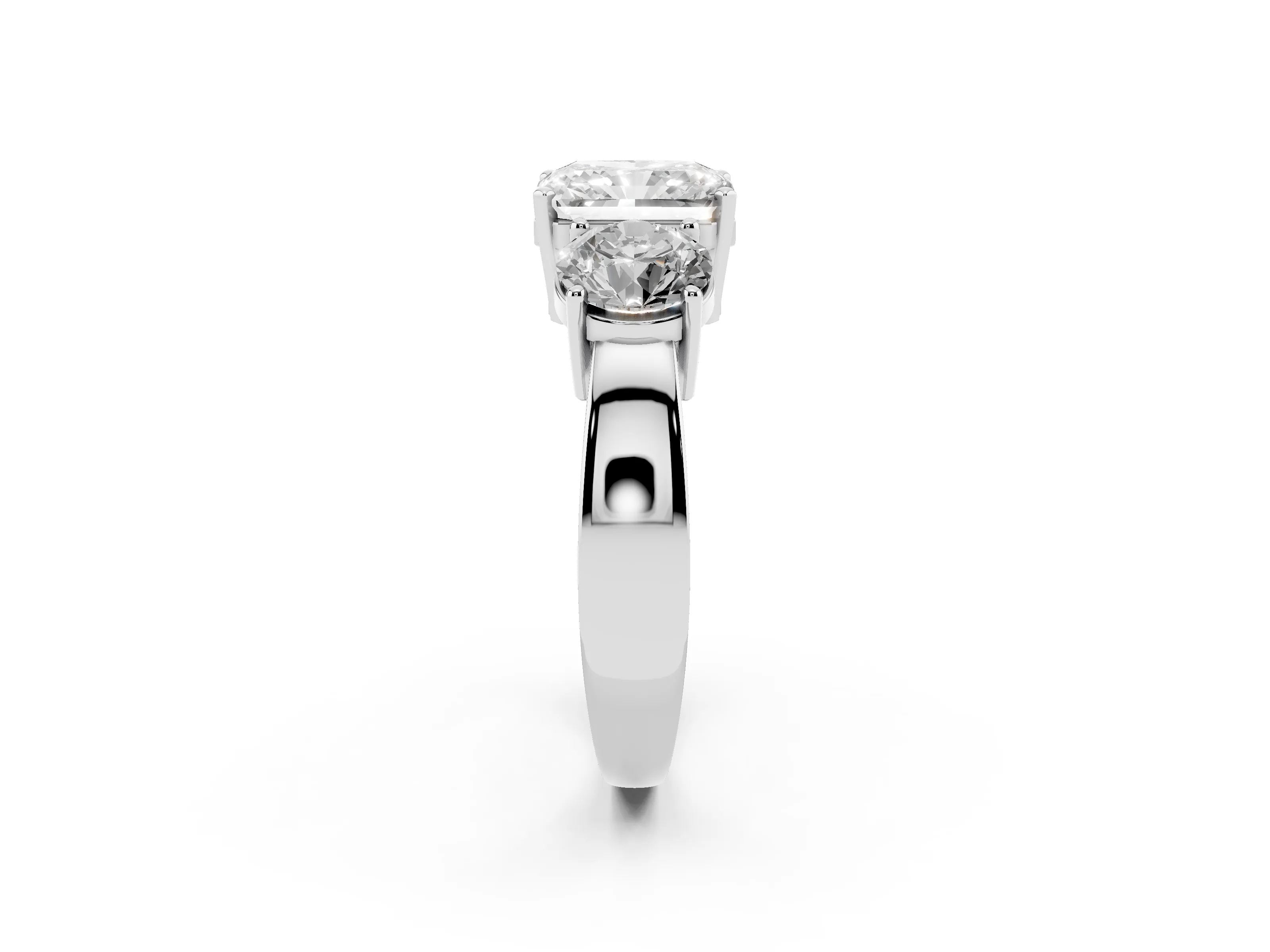 Radiant Cut Diamond Three-Stone Ring Set in Platinum with Round Side Stones and Classic Band