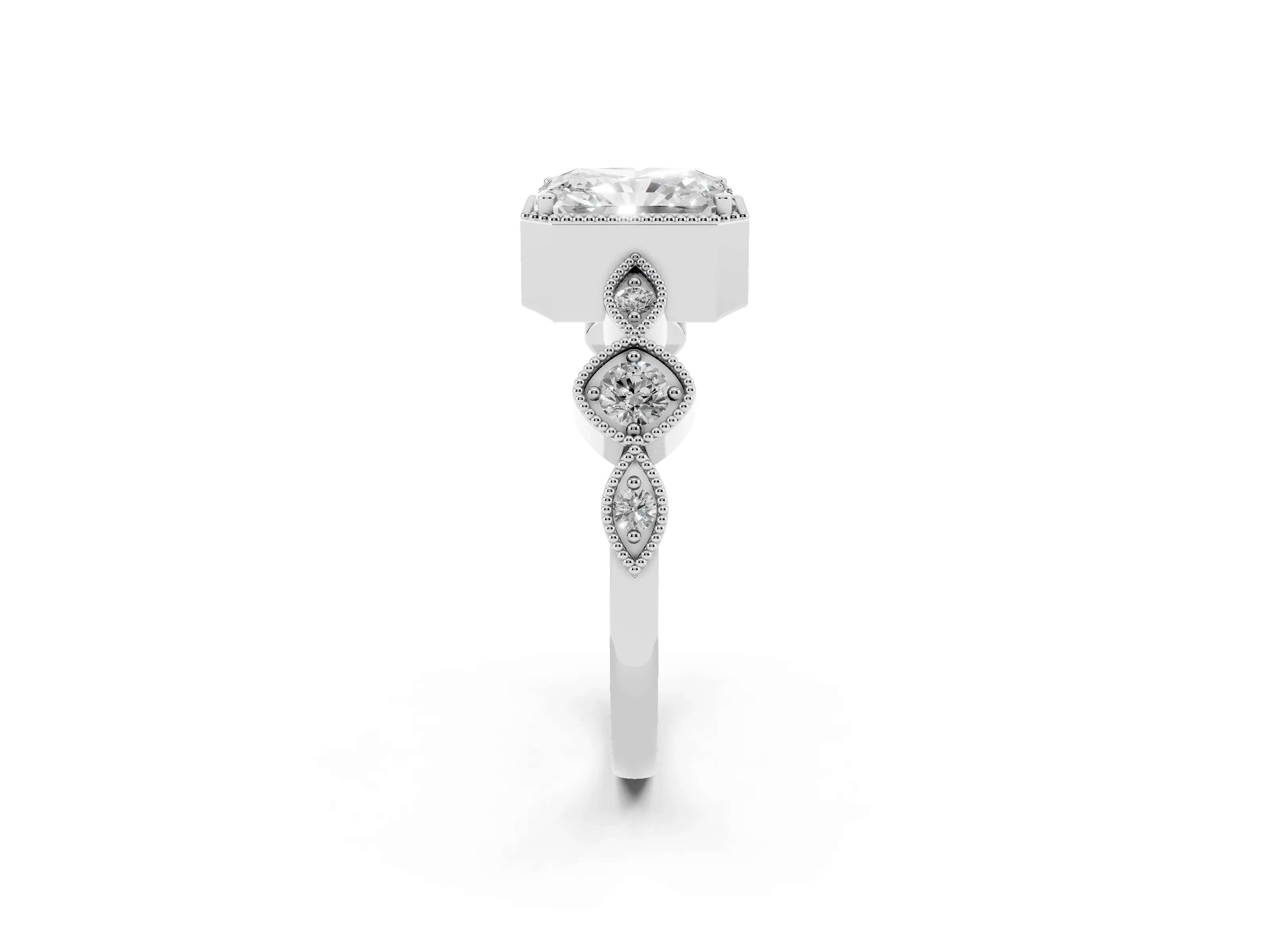 Radiant Cut Diamond Vintage-Inspired Milgrain Ring Set in Platinum with Marquise Stations of Round Accents