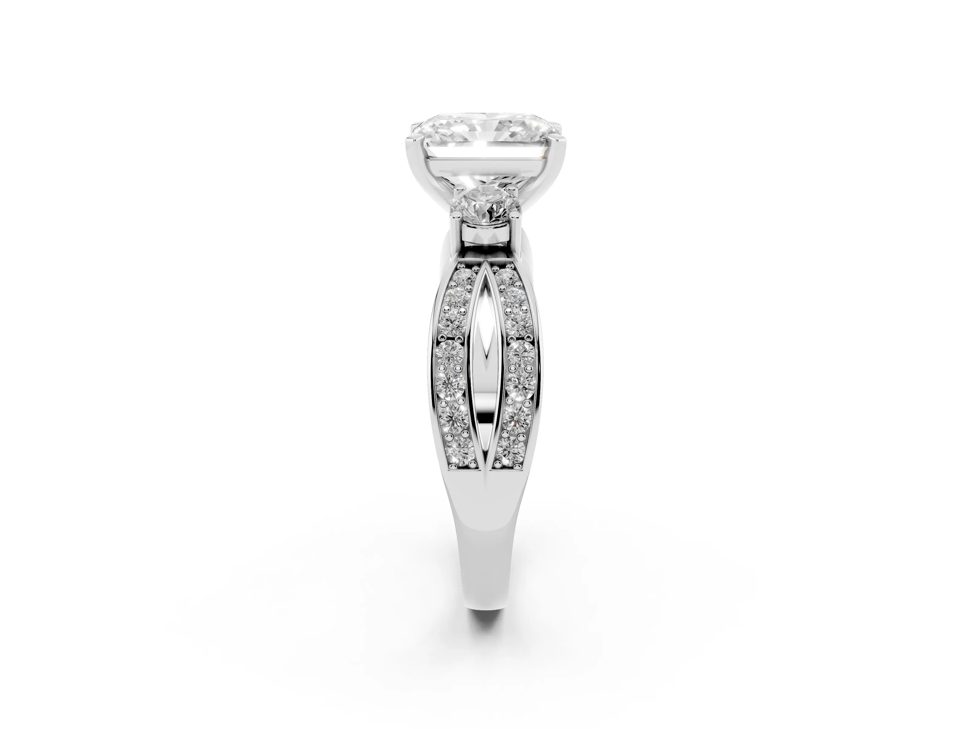 Three-Stone Radiant Cut Diamond Twist Band Ring Set in Silver with Pavé Accents and Prong Setting