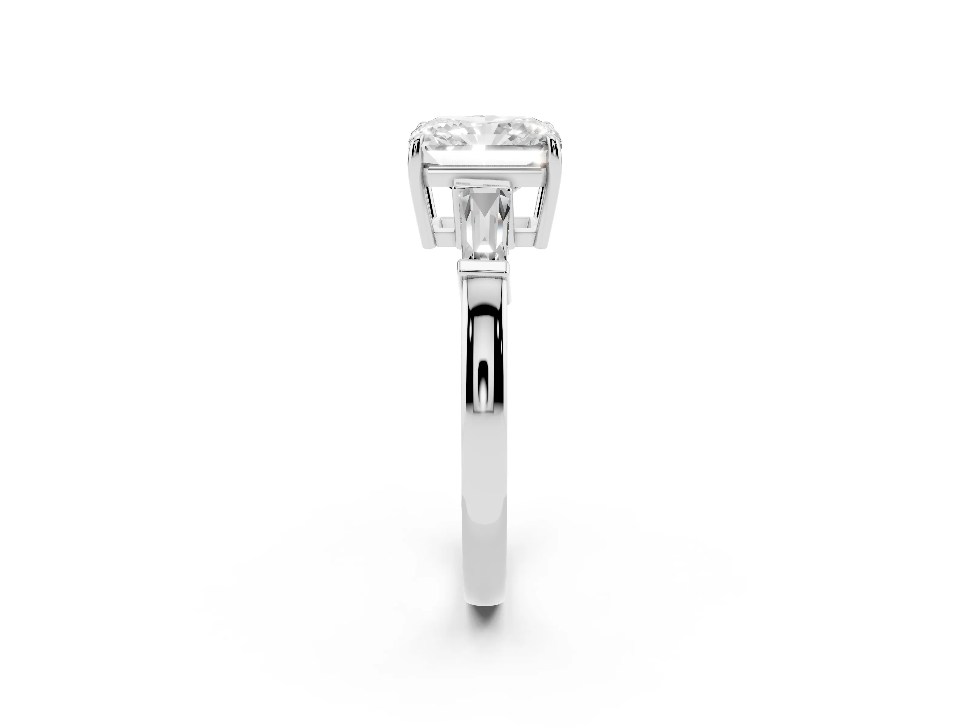 Radiant Cut Diamond Three-Stone Ring Set in White gold with Tapered Baguette Side Stones and Prong Setting