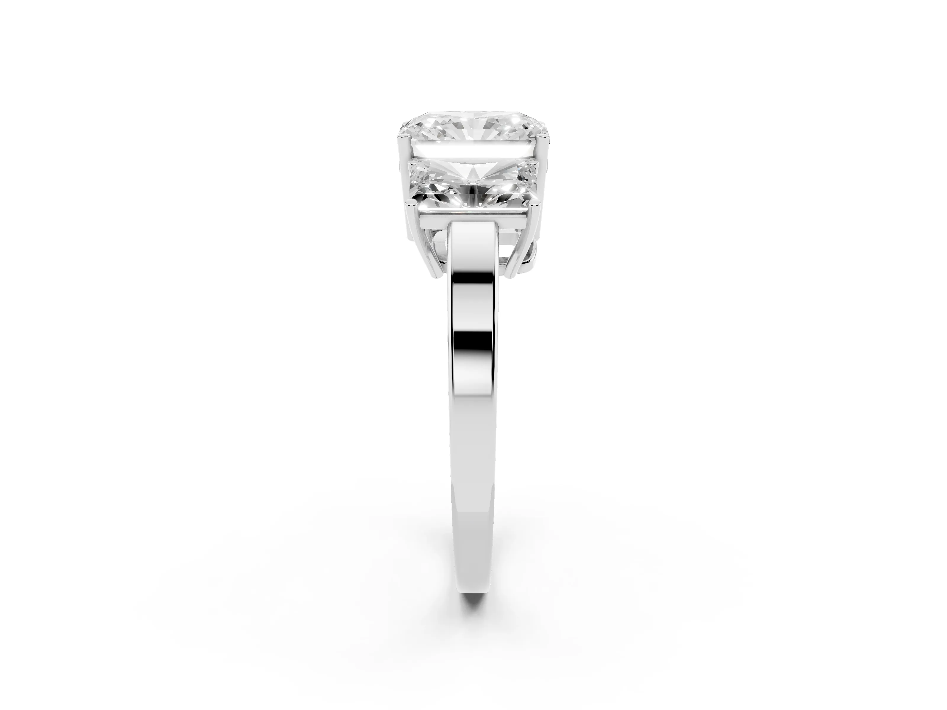 Radiant Cut Diamond Three-Stone Engagement Ring Set in White gold with Flat Band