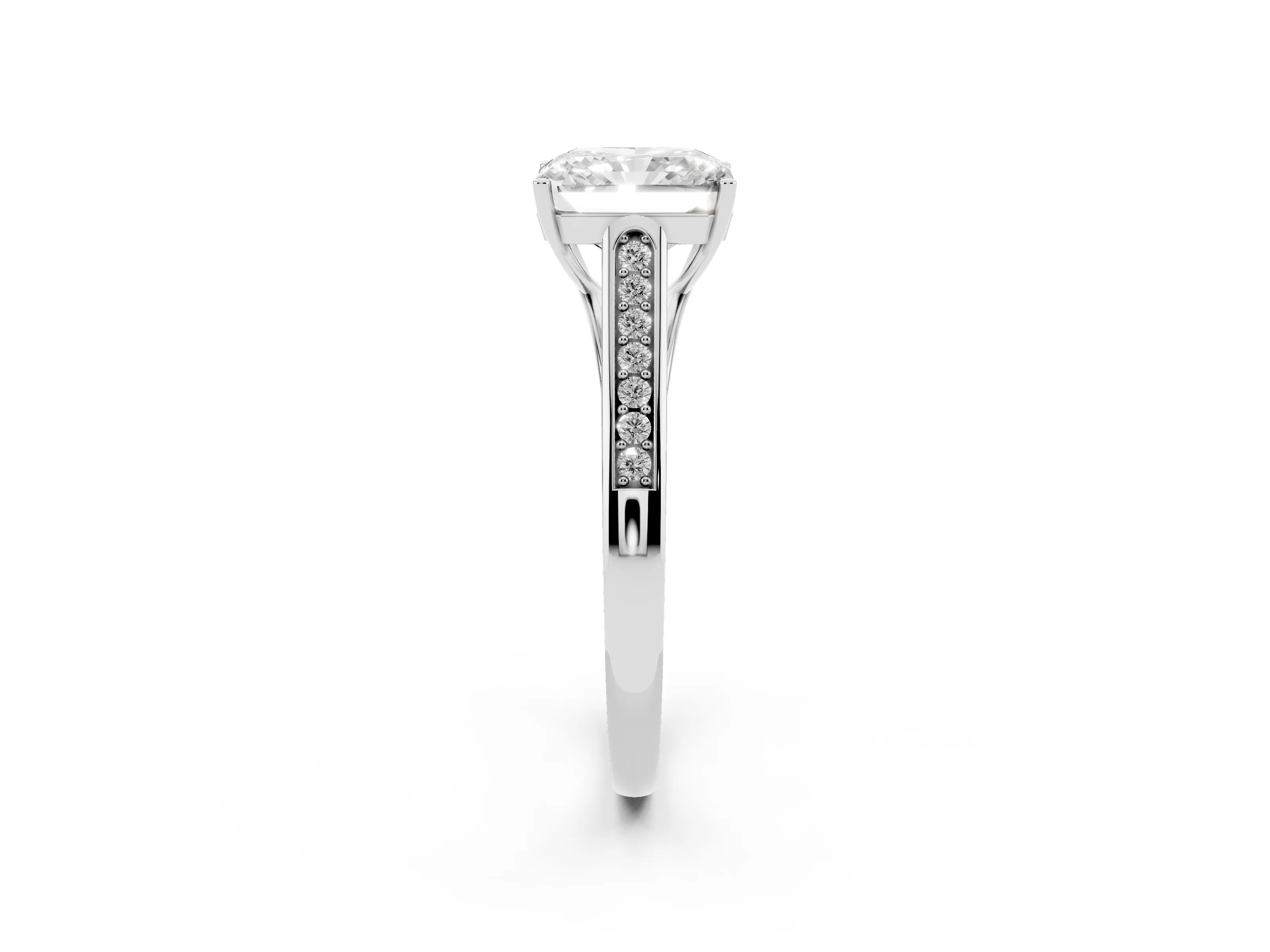 Radiant Cut Diamond Solitaire Cathedral Engagement Ring Set in Platinum with Channel-Set Band and Prong Setting