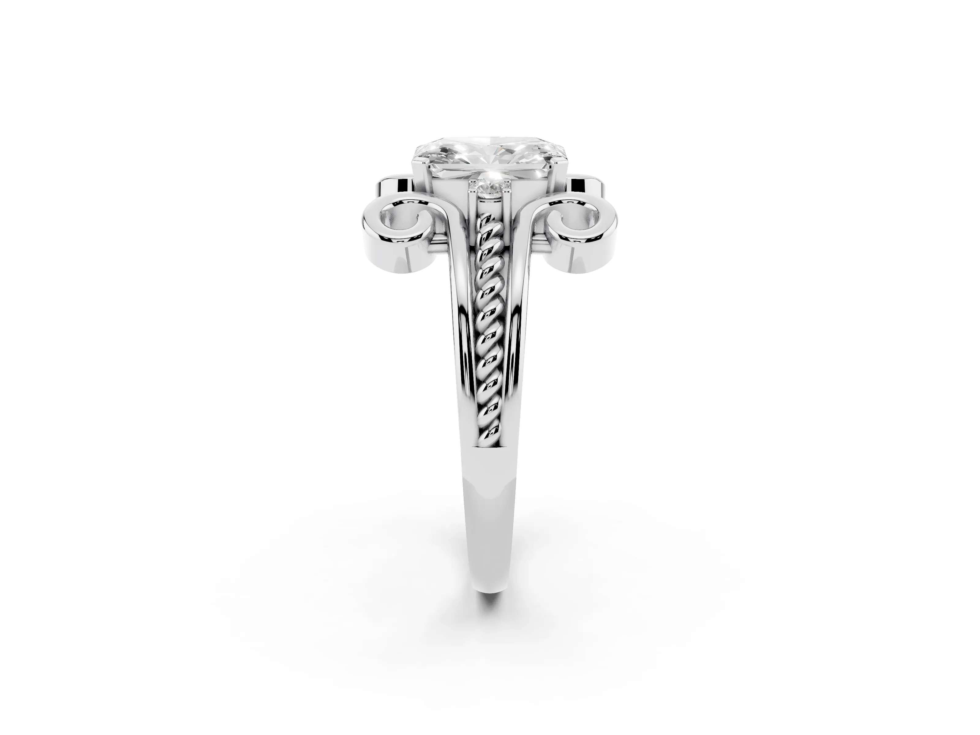 Radiant Cut Diamond Twisted Band Solitaire Ring Set in Platinum with Scroll Prongs