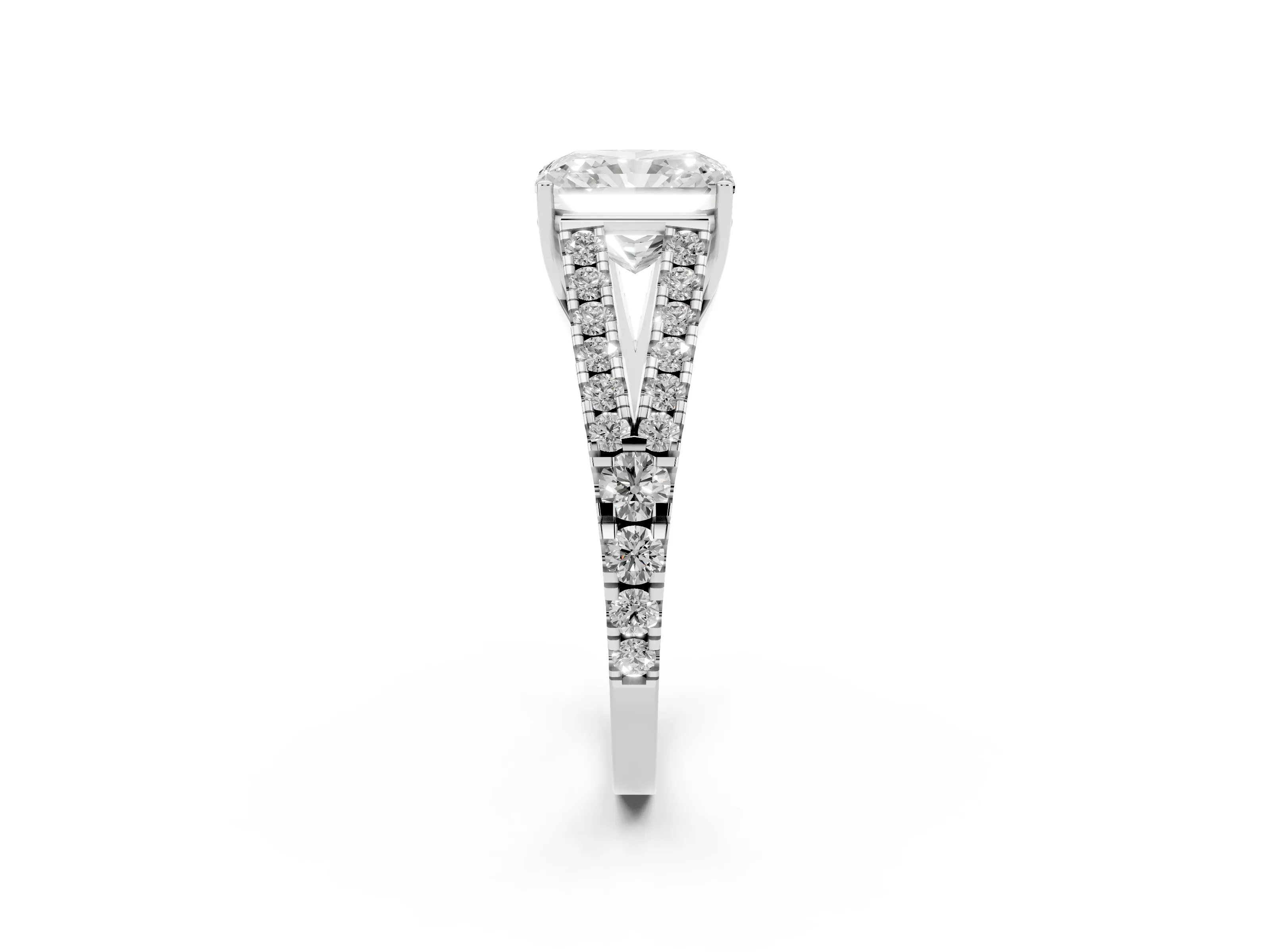 Radiant Cut Diamond Split Shank Pavé Engagement Ring Set in Platinum with Prong-Held Center Stone