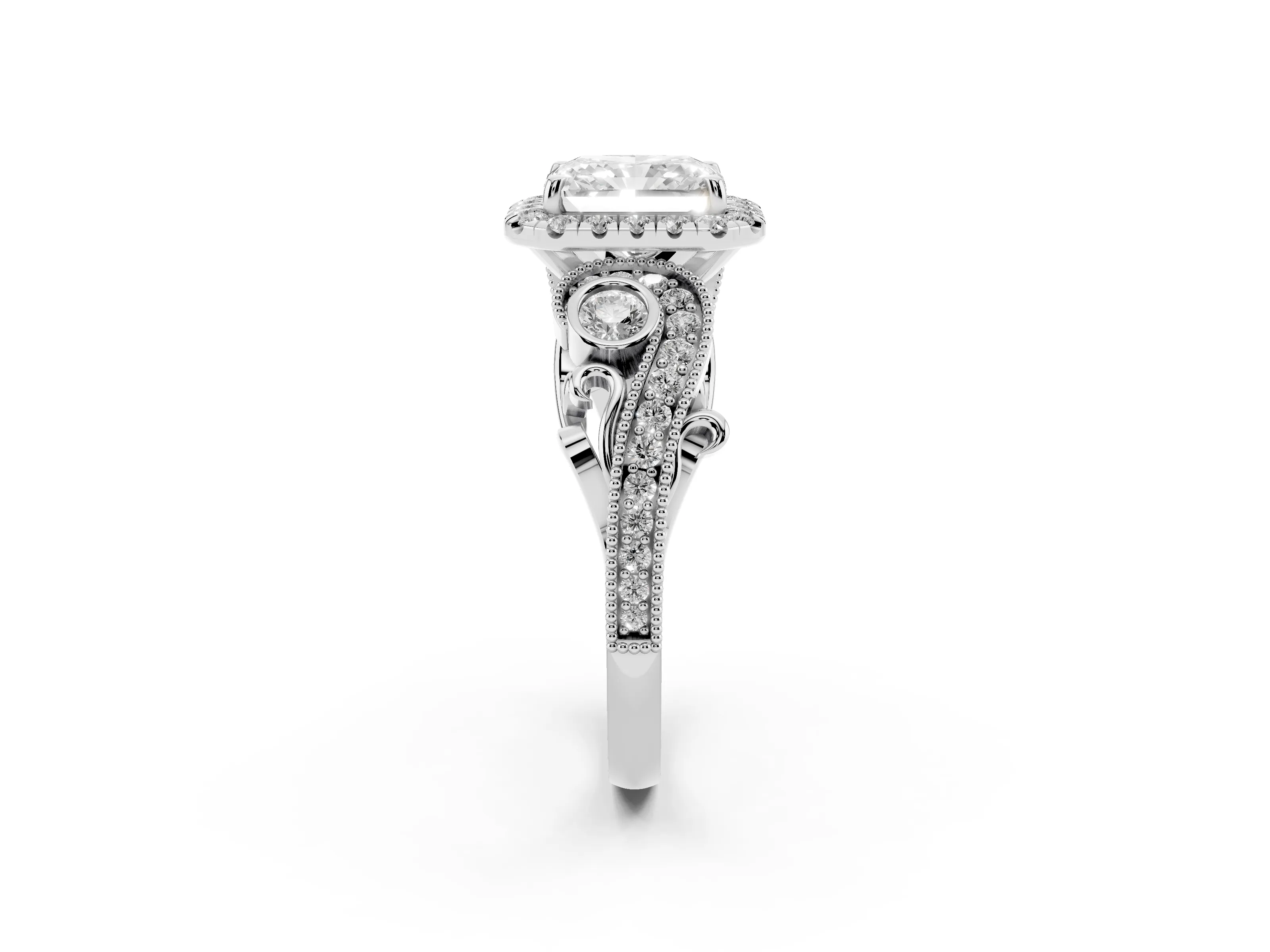 Radiant Cut Diamond Halo Ring Set in Silver with Milgrain Pavé Band and Prong Setting