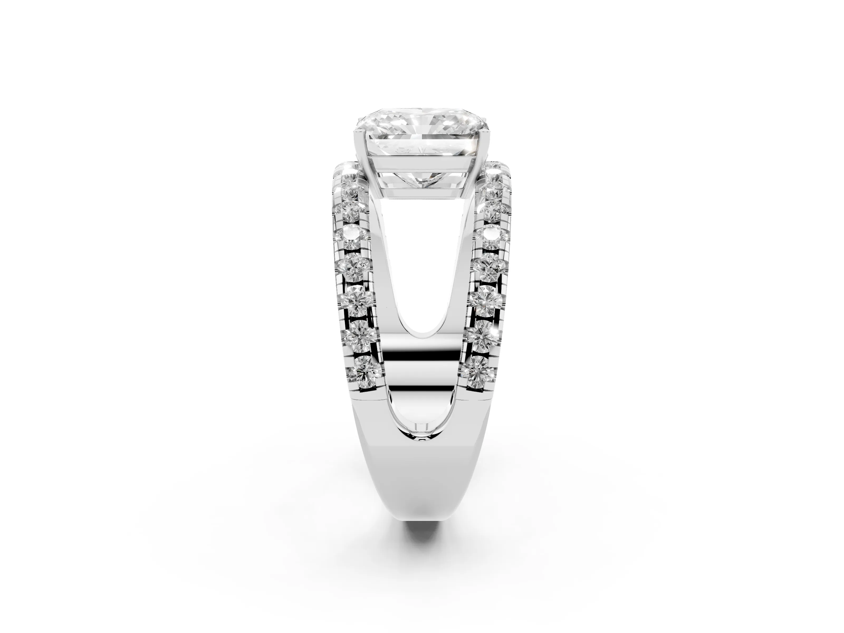 Radiant Cut Diamond Split Shank Pavé Solitaire Ring Set in Platinum with Open Shank Design