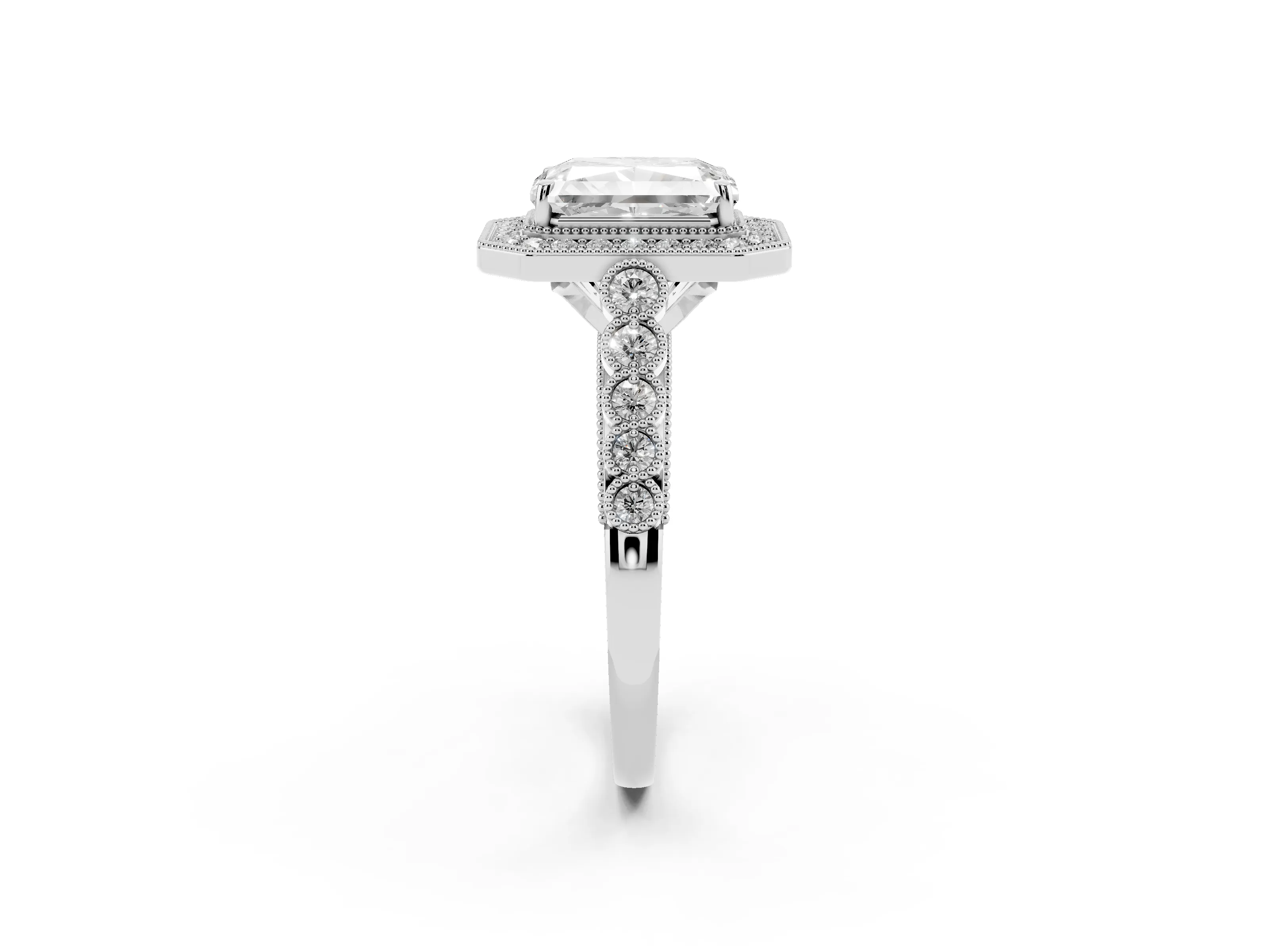 Radiant Cut Diamond Milgrain Halo Solitaire Ring Set in Platinum with Bezel Set Side Stones and Pavé Band