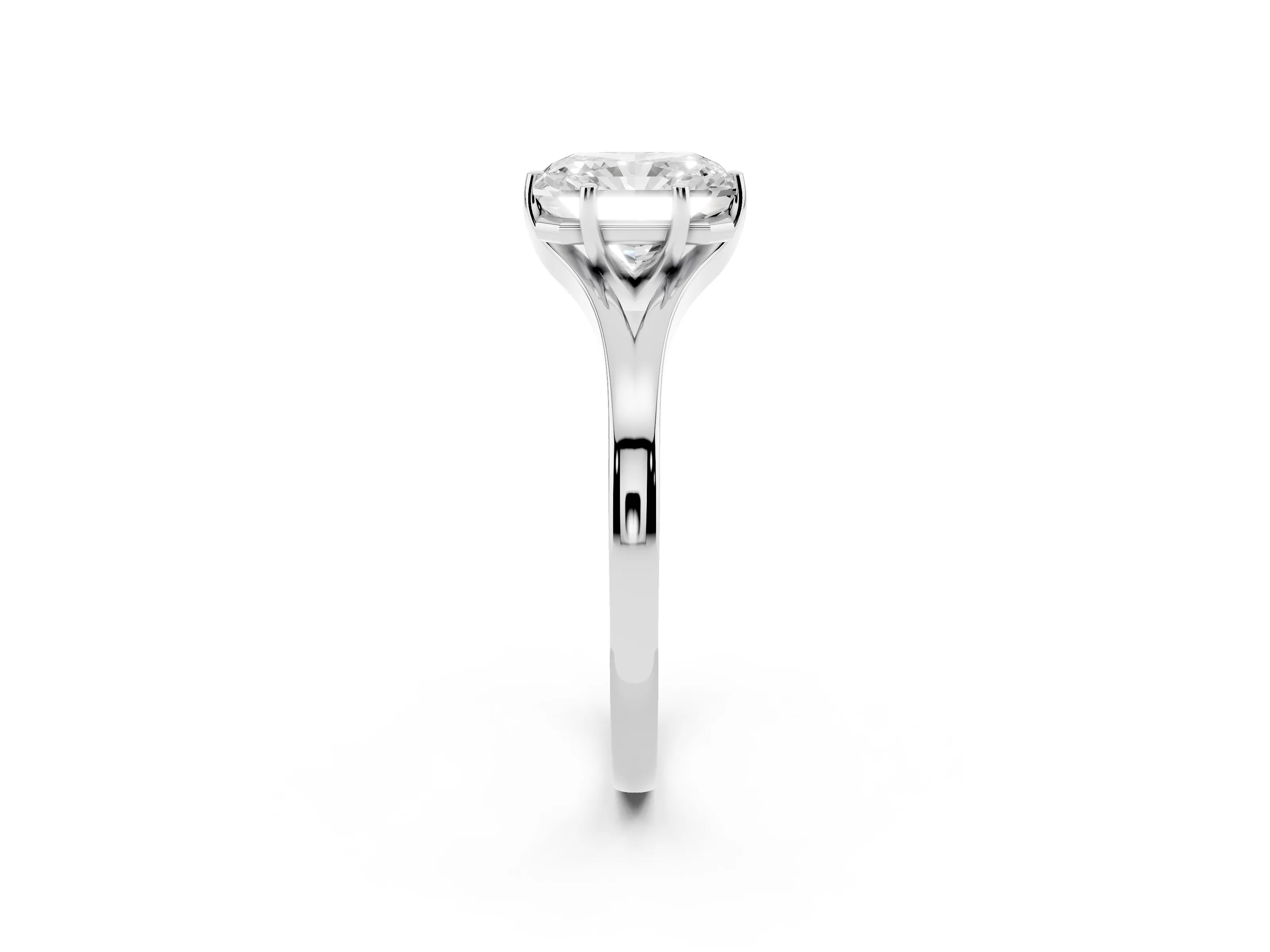 Radiant Cut Diamond Solitaire Ring Set in White gold with Polished Tapered Band and Prong Setting