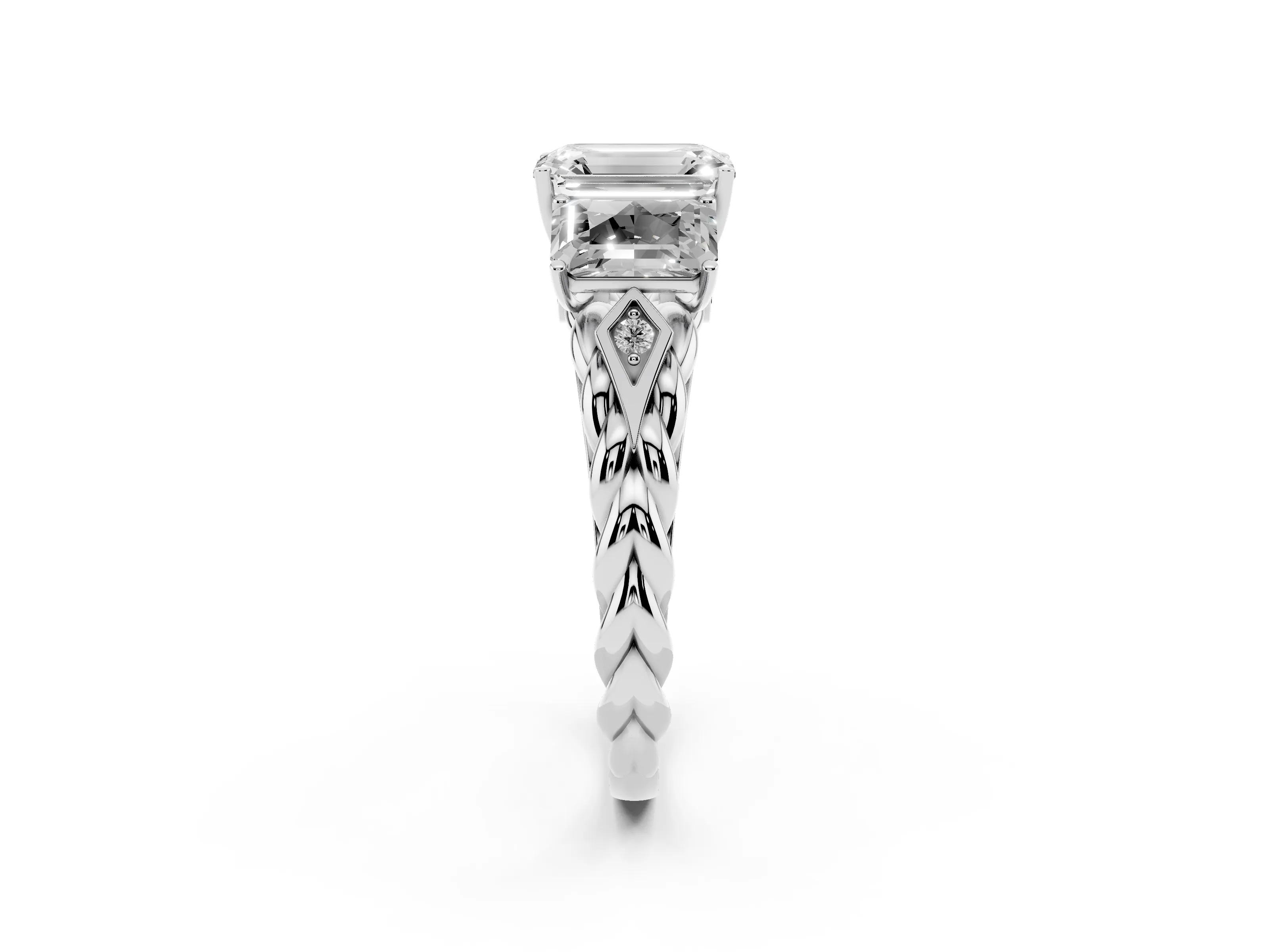 Radiant Cut Diamond Three-Stone Ring Set in Platinum with Braided Band