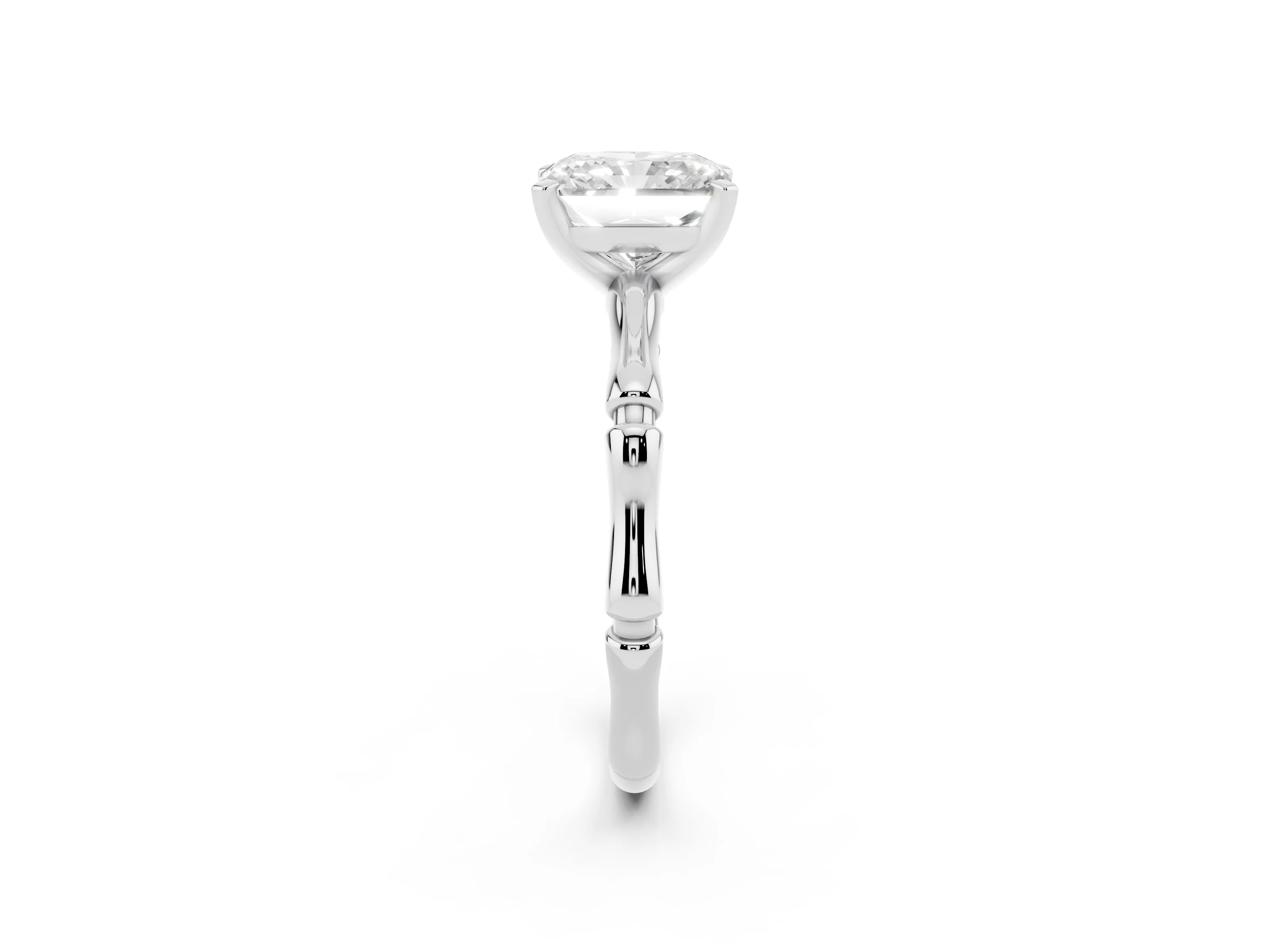 Radiant Cut Diamond Solitaire Ring Set in Platinum with Bamboo Band and Prong Setting