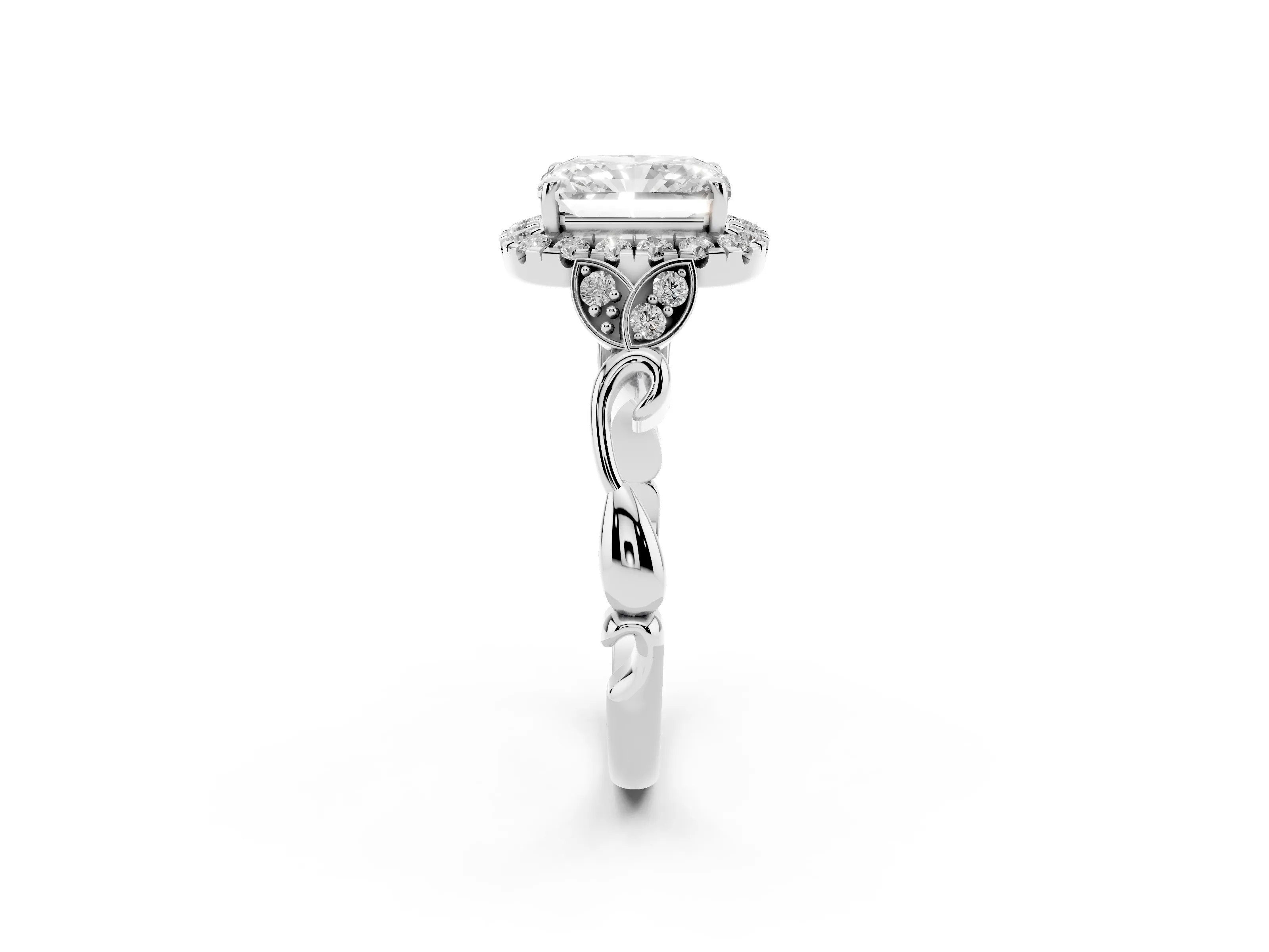 Radiant Cut Diamond Halo Engagement Ring Set in Platinum with Vintage-Inspired Band and Prong Setting