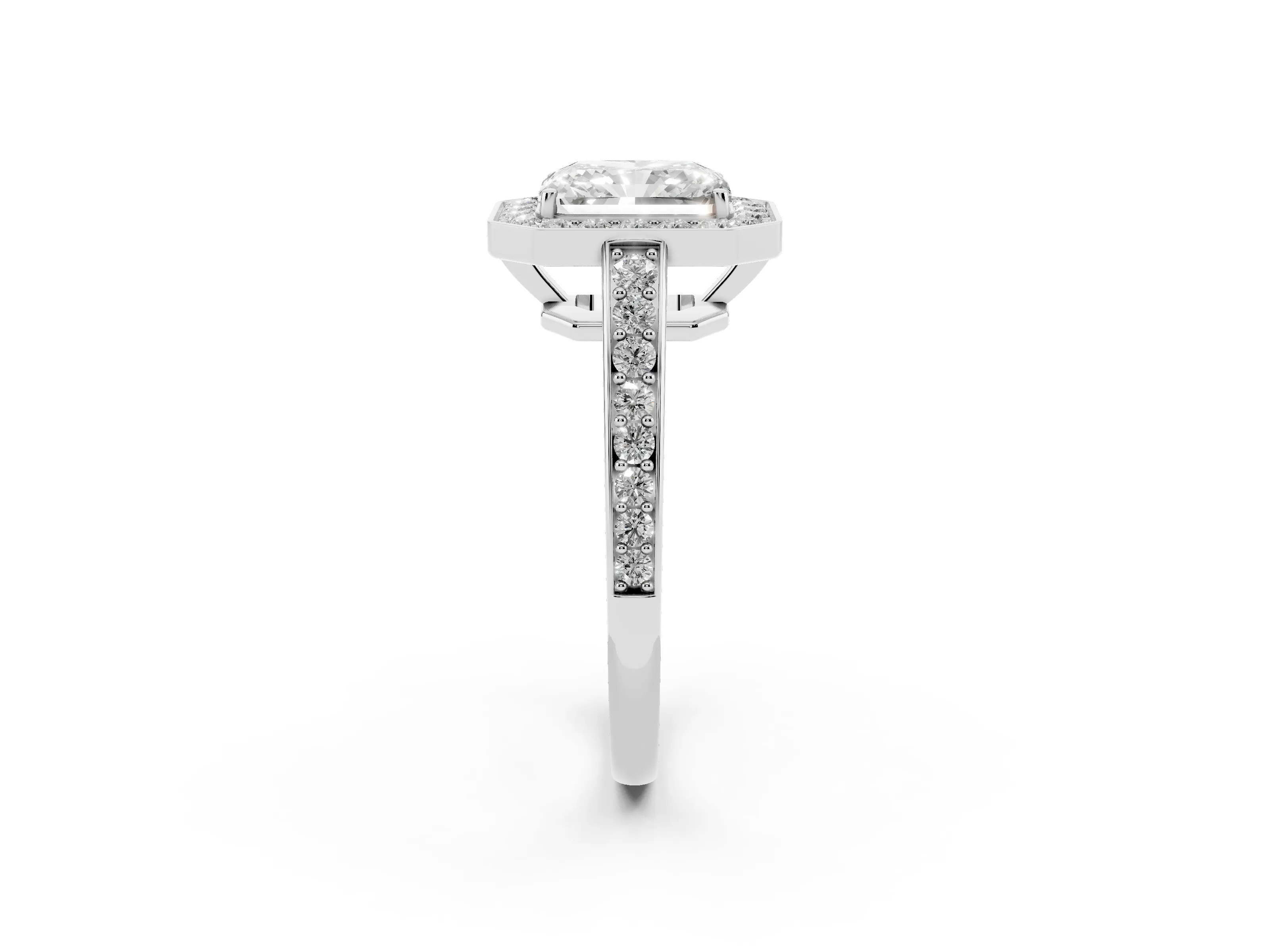 Radiant Cut Diamond Halo Pavé Engagement Ring Set in Silver with Bezel Setting