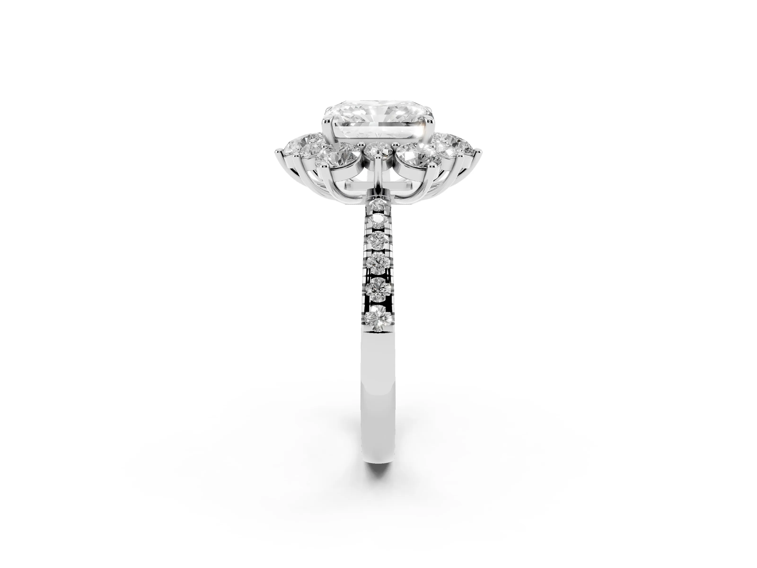 Radiant Cut Diamond Floral Halo Ring Set in Platinum with Round Pavé Band and Prong Setting