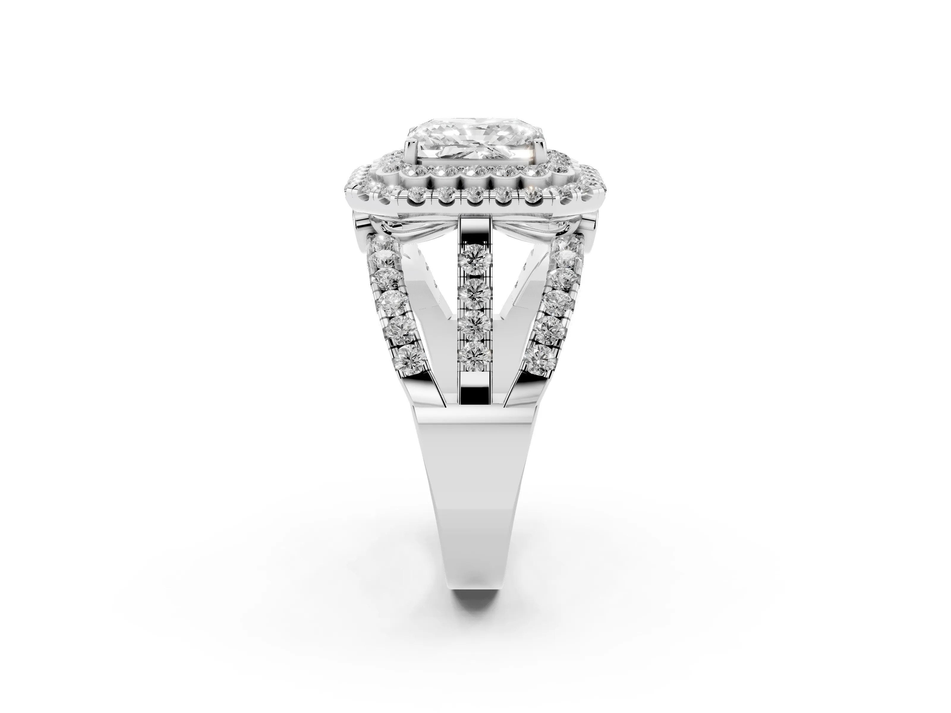 Radiant Cut Diamond Double Halo Ring Set in White gold with Round Pavé Split Shank