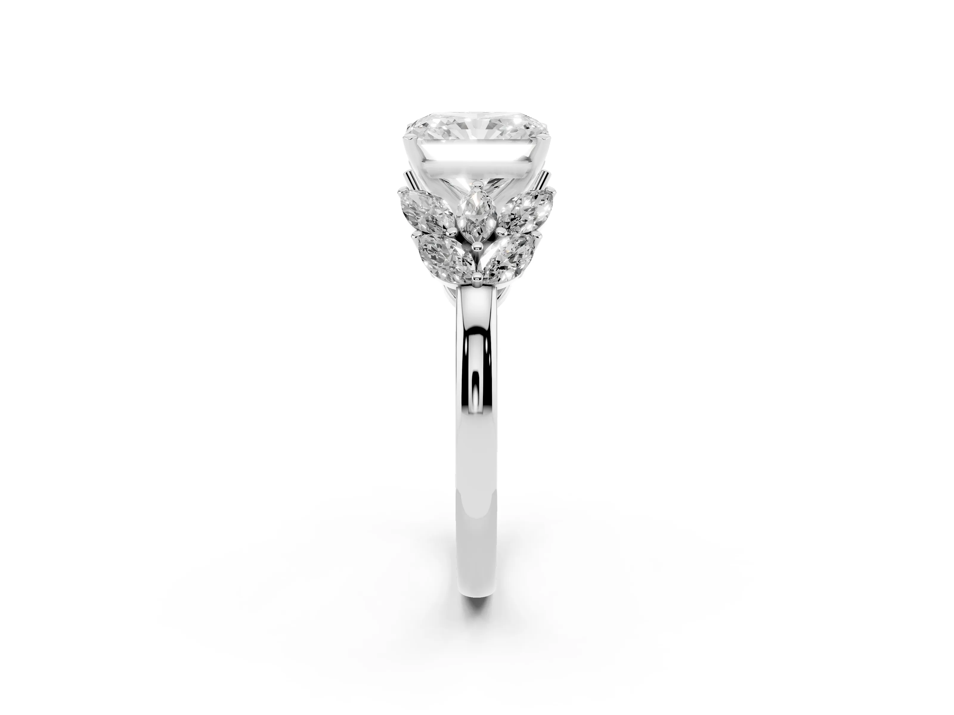 Radiant Cut Diamond Cluster Leaf Design Ring Set in Platinum with Prong Setting