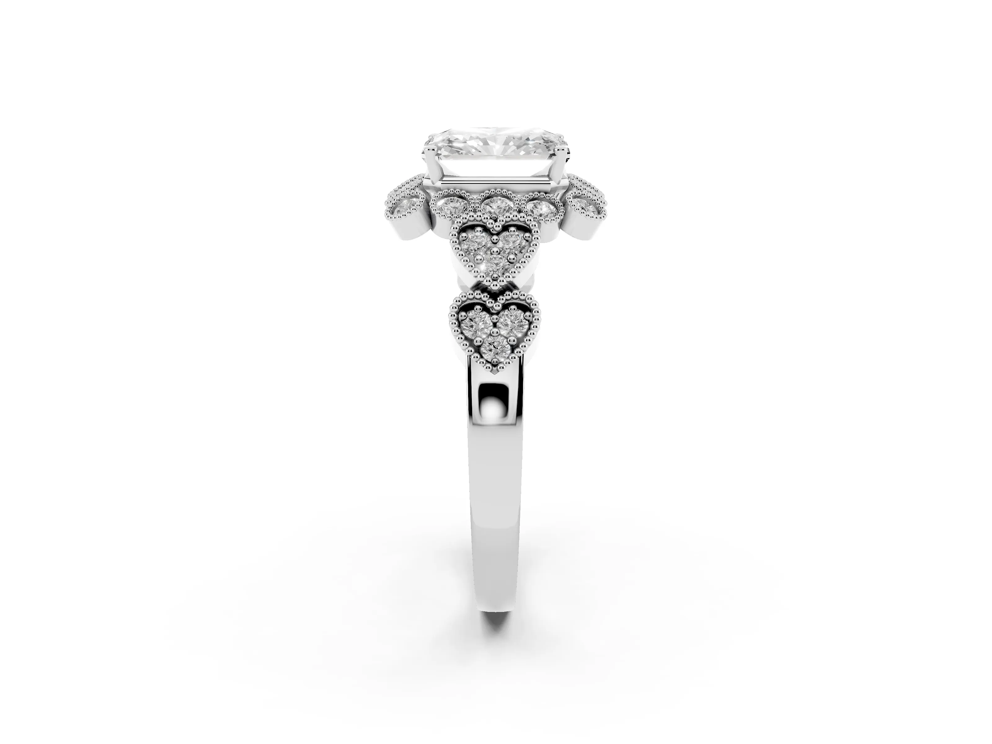 Radiant Cut Diamond Solitaire Ring Set in White gold with Milgrain Pavé Heart Band