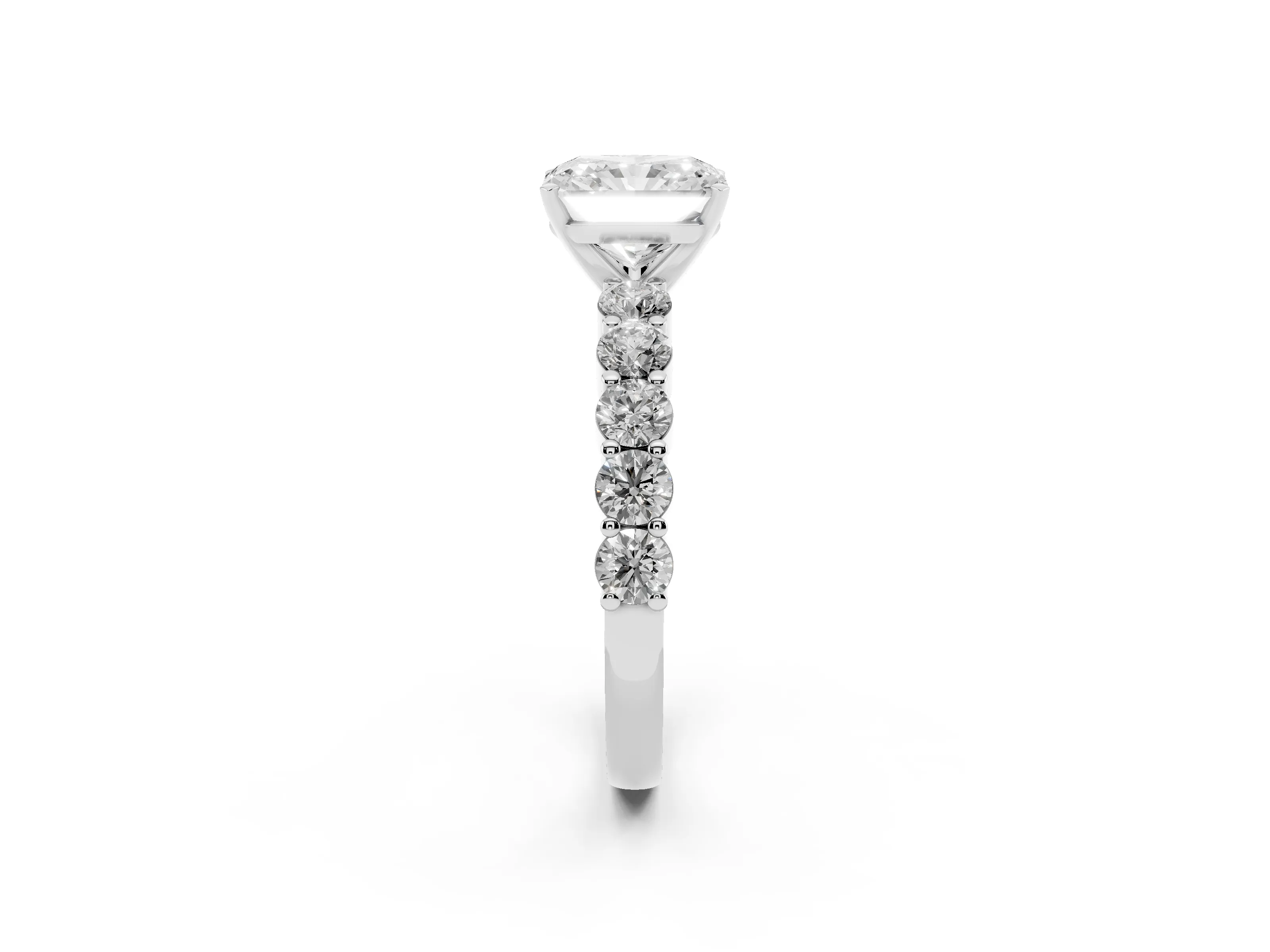 Radiant Cut Diamond Solitaire Ring Set in Silver with Shared Prong Round Side Stones