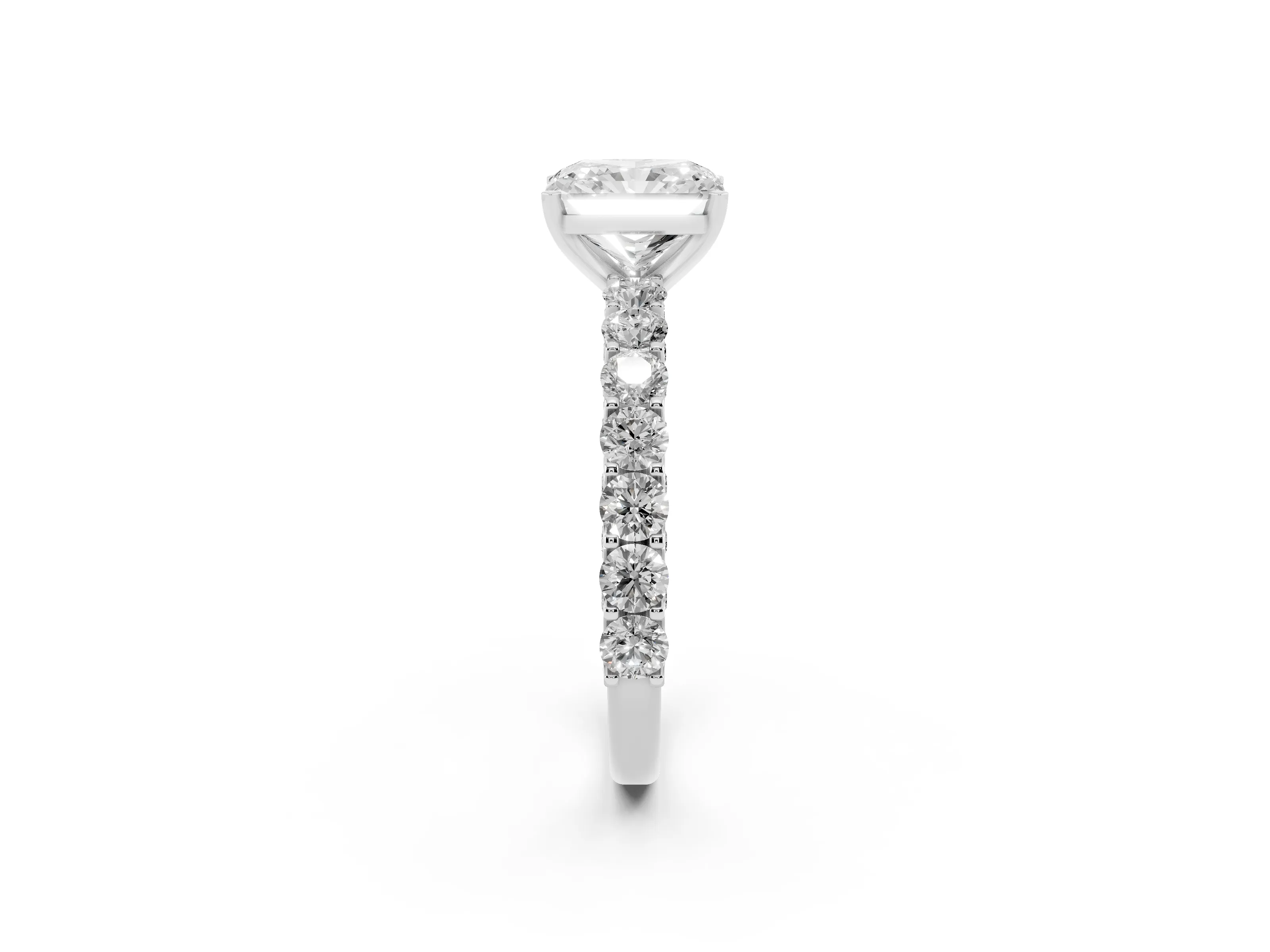 Radiant Cut Diamond Solitaire Ring Set in Silver with Shared Prong Pavé Band