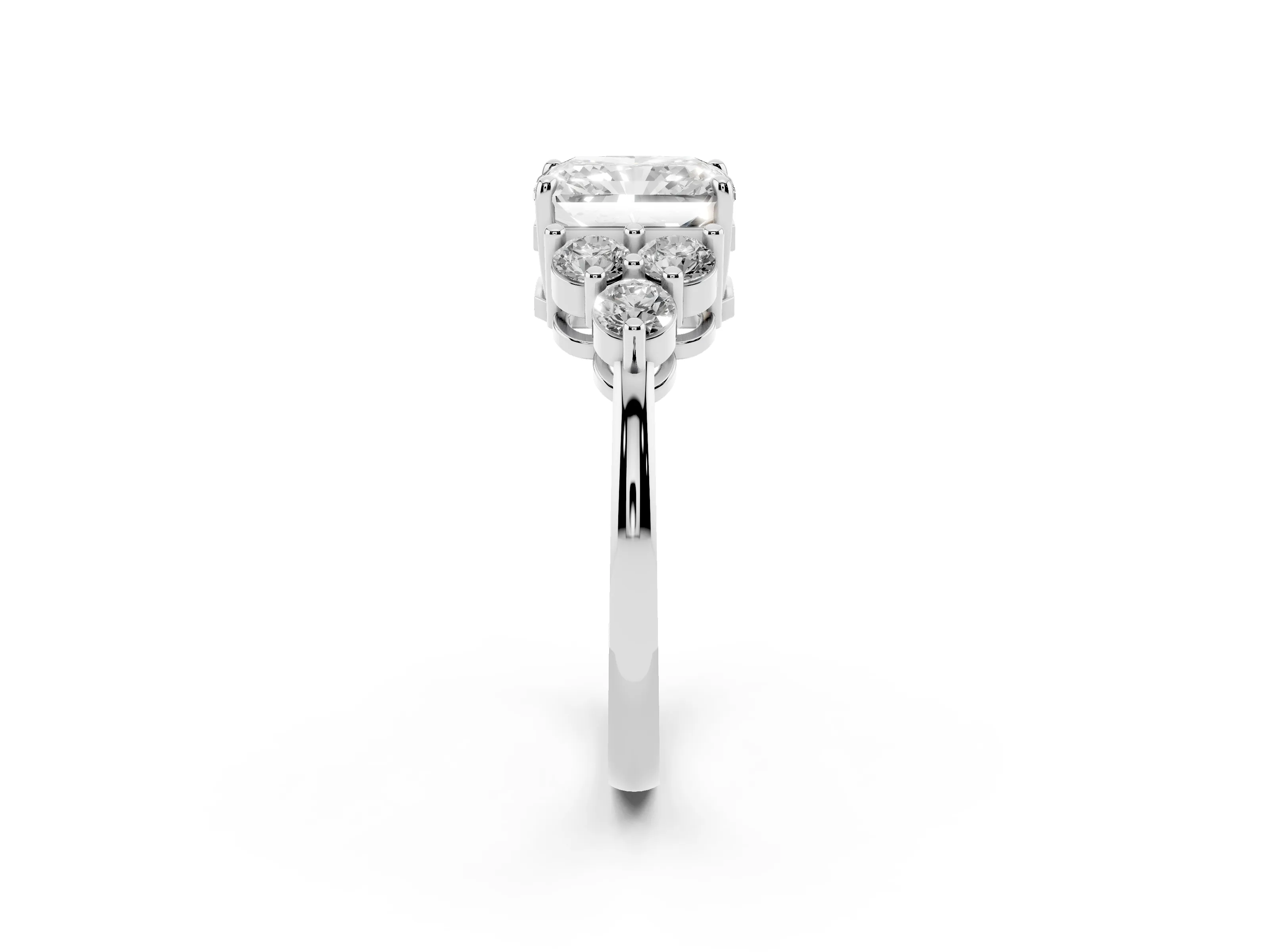 Radiant Cut Diamond Solitaire Ring Set in White gold with Cluster Accents on Each Side