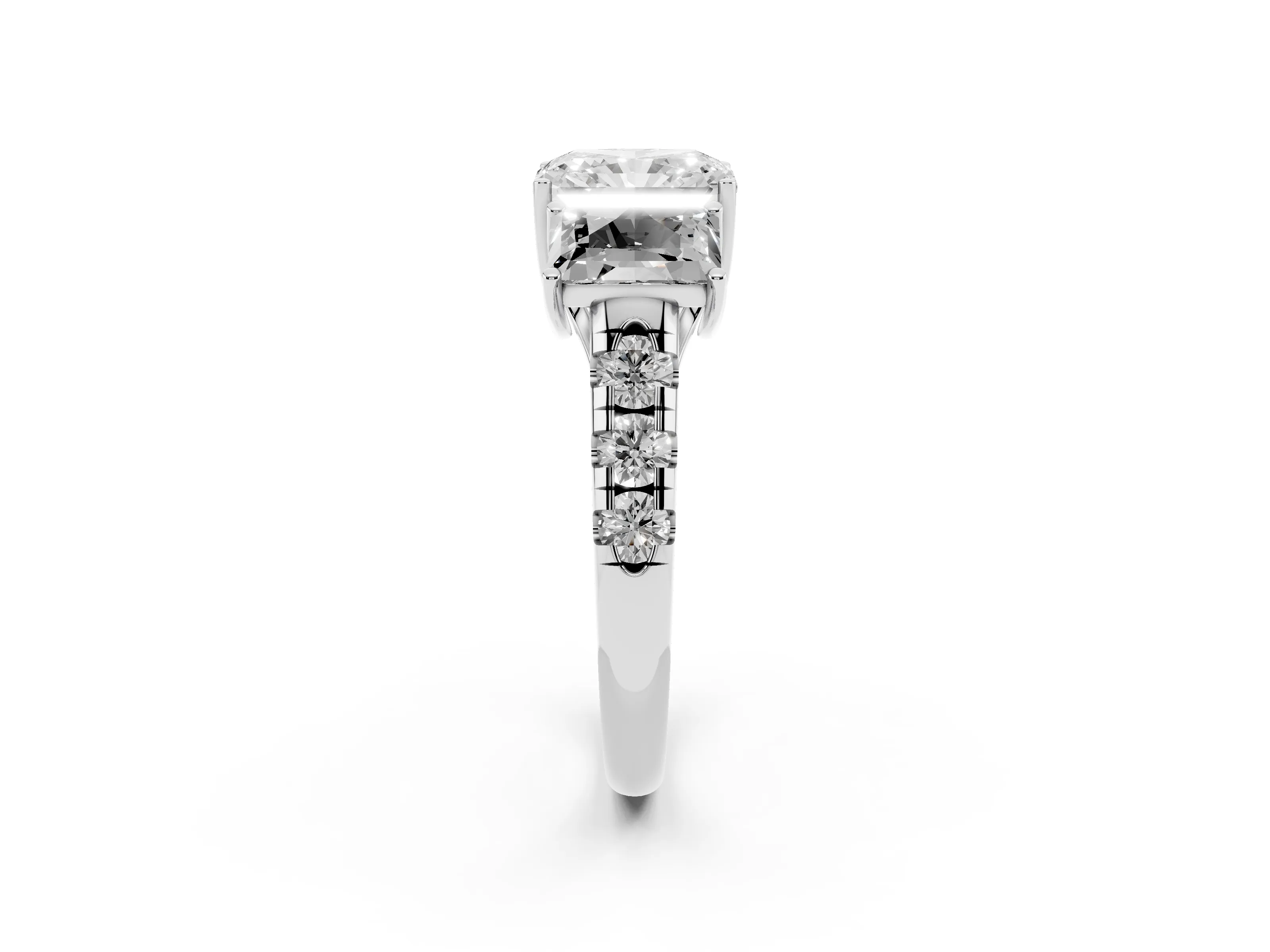 Radiant Cut Diamond Three-Stone Ring Set in Silver with Pavé Band